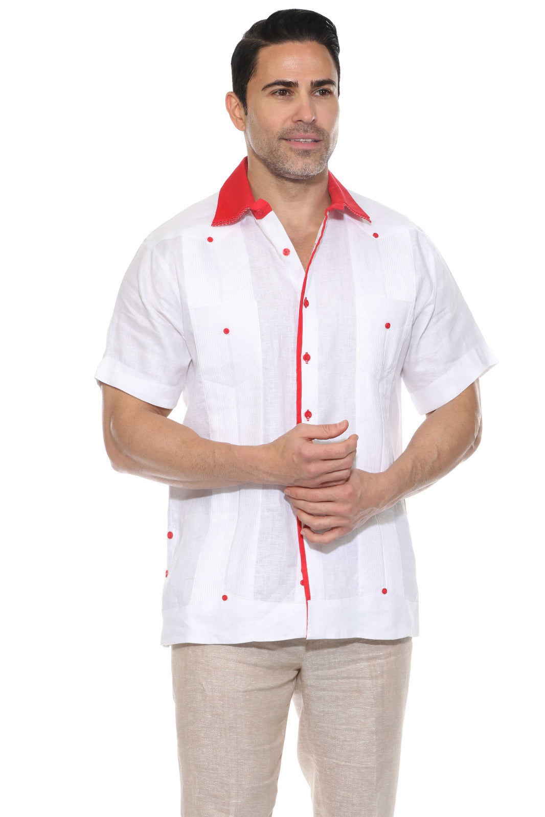 Mojito Men's 100% Linen Guayabera Chacabana Shirt Short Sleeve with Print Trim Accent