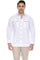 Front view of a man wearing the white 100% Linen Contrast Panel Guayabera Shirt Long Sleeve with dark buttons and trim.