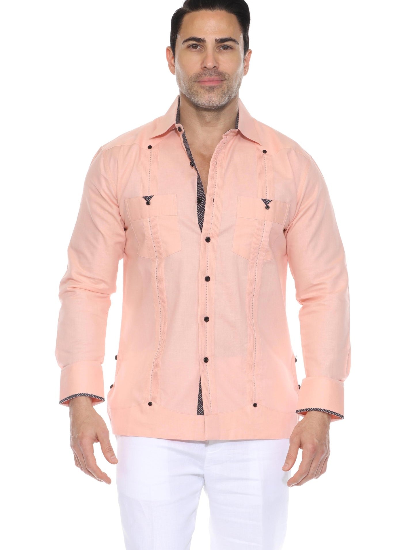 A front studio shot of the Men’s Long Sleeve Linen Guayabera Shirt in peach, highlighting the classic pleated front and printed trim on the collar and pocket edges.