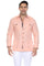 A front studio shot of the Men’s Long Sleeve Linen Guayabera Shirt in peach, highlighting the classic pleated front and printed trim on the collar and pocket edges.