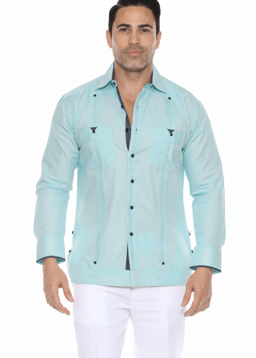 A light blue Men’s Long Sleeve Linen Guayabera Cuban Shirt with navy printed trim and classic pleated front detailing.