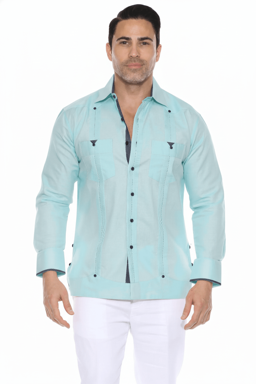 A light blue Men’s Long Sleeve Linen Guayabera Cuban Shirt with navy printed trim and classic pleated front detailing.