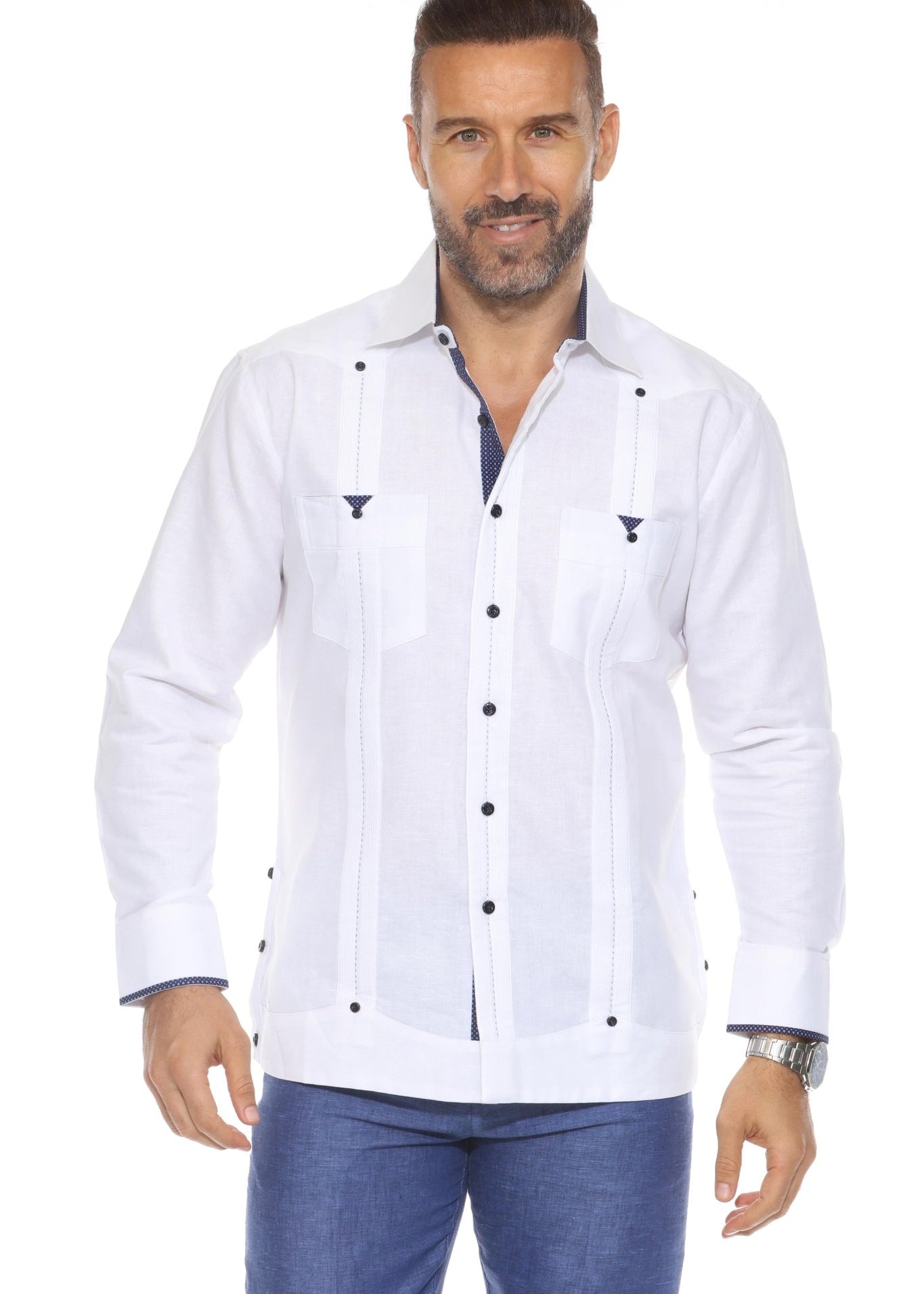 A man wearing a white Men's Long Sleeve Linen Guayabera Cuban Shirt with navy printed trim on the collar and pockets, featuring a classic pleated front.
