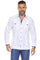 A man wearing a white Men's Long Sleeve Linen Guayabera Cuban Shirt with navy printed trim on the collar and pockets, featuring a classic pleated front.