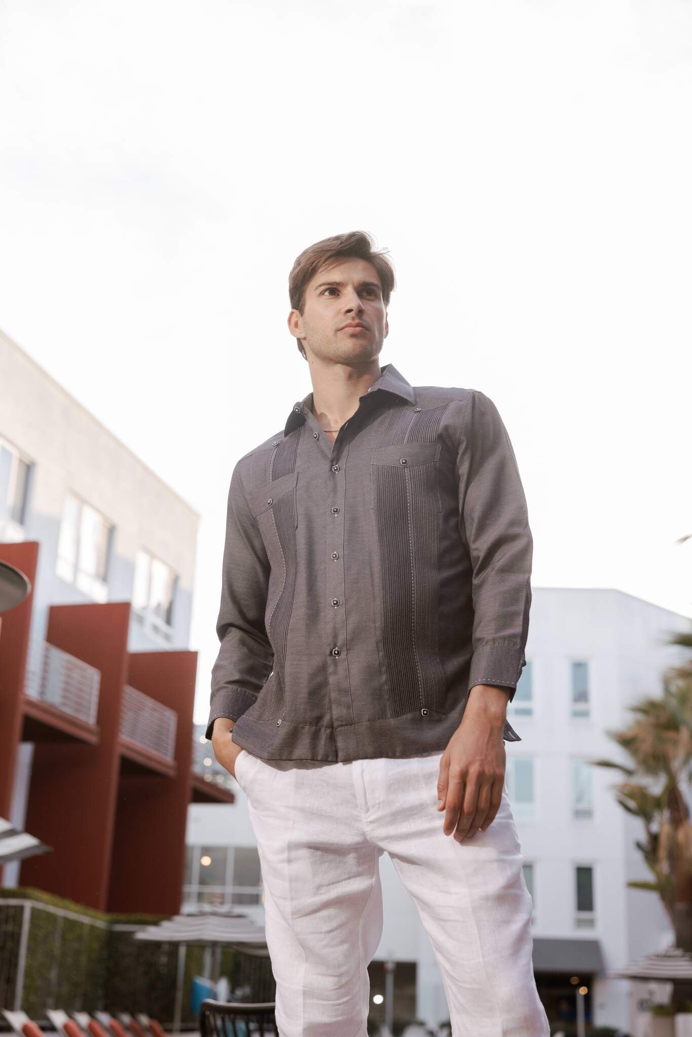 Men's Cotton Blend Guayabera Chacabana Shirt Long Sleeve with Contrast Stitching Accent