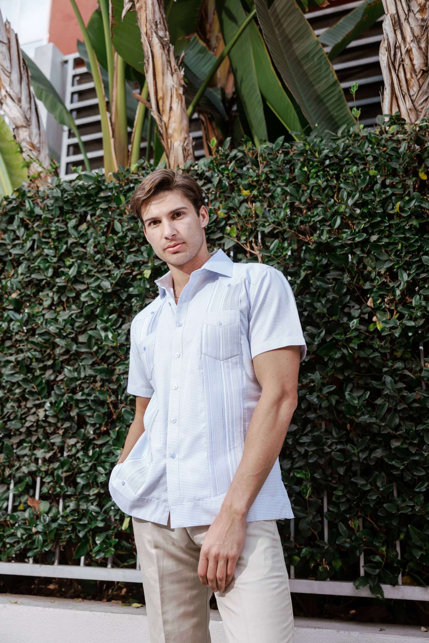 Camisa Guayabera Chacabana de Mezcla de Algodón para Hombre, Manga Corta, con Estampado de Micro Cuadros