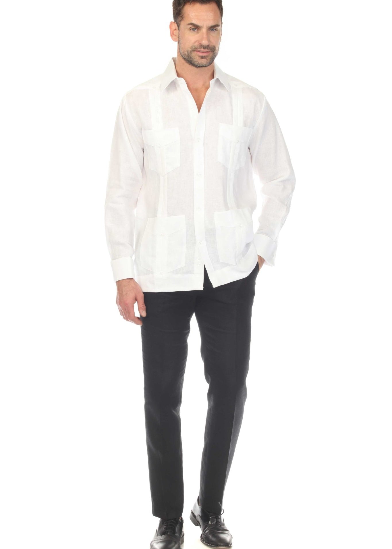 Front view of a man wearing a white Men's Linen Classic Four-Pocket Long Sleeve Guayabera Shirt.