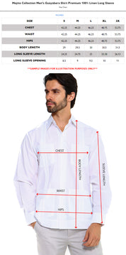 MojitoCollection Men's White Linen Four-Pocket Guayabera: Size chart with chest, waist, and sleeve measurements.