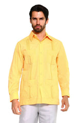 Guayabera de Manga Larga de Mezcla de Algodón con Cuatro Bolsillos Tallas Grandes