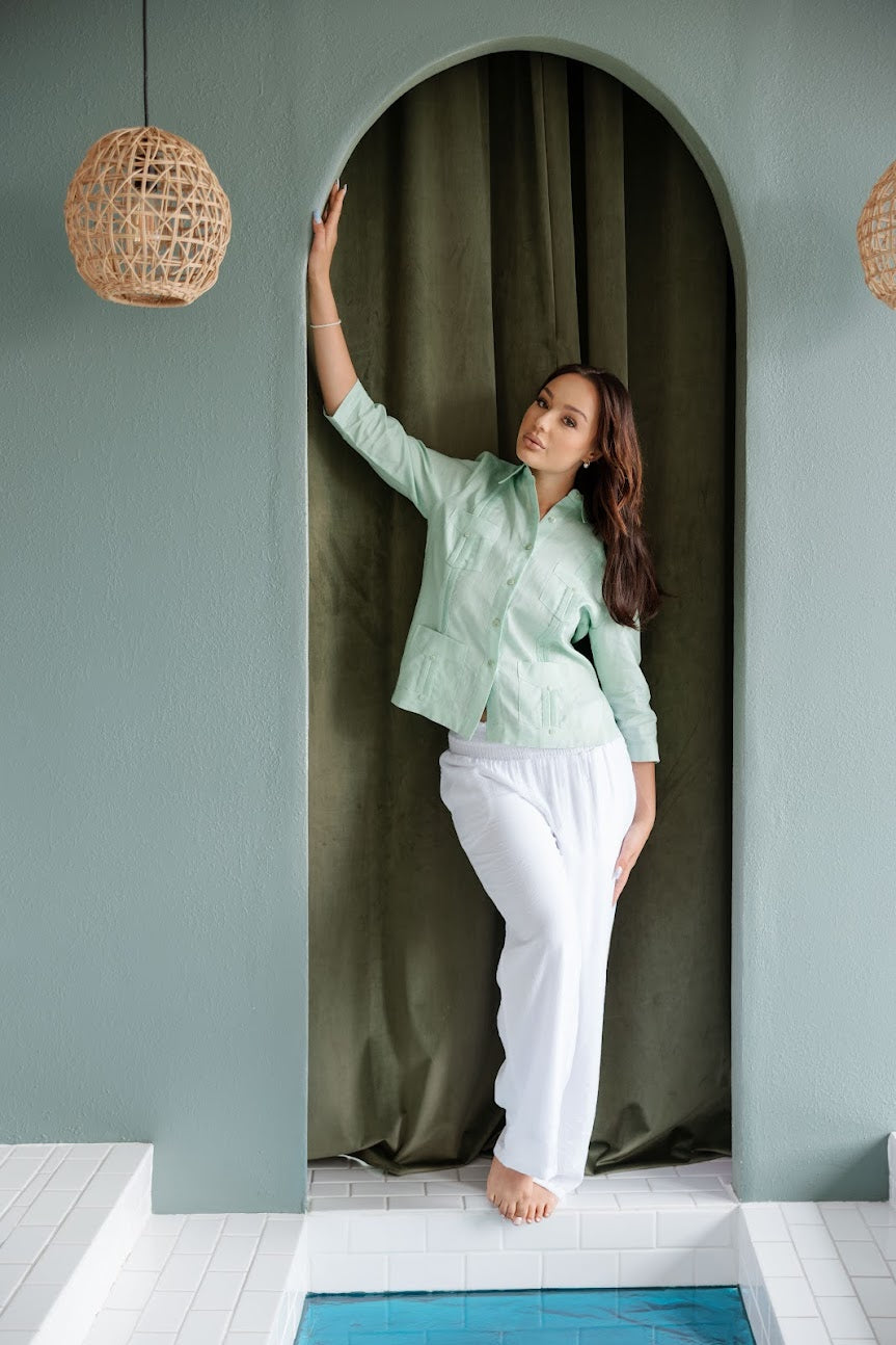 Mojito Women's Premium Linen Guayabera Shirt – 3/4 Sleeve Traditional 4-Pocket Style