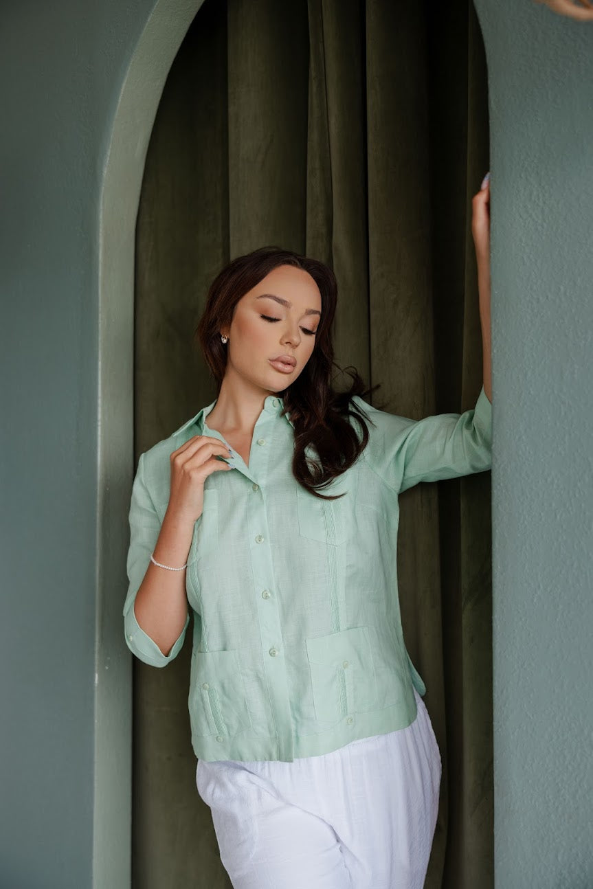 Mojito Women's Premium Linen Guayabera Shirt – 3/4 Sleeve Traditional 4-Pocket Style