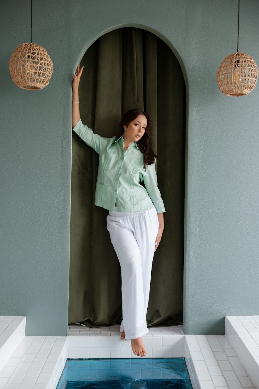 Mojito Women's Premium Linen Guayabera Shirt – 3/4 Sleeve Traditional 4-Pocket Style