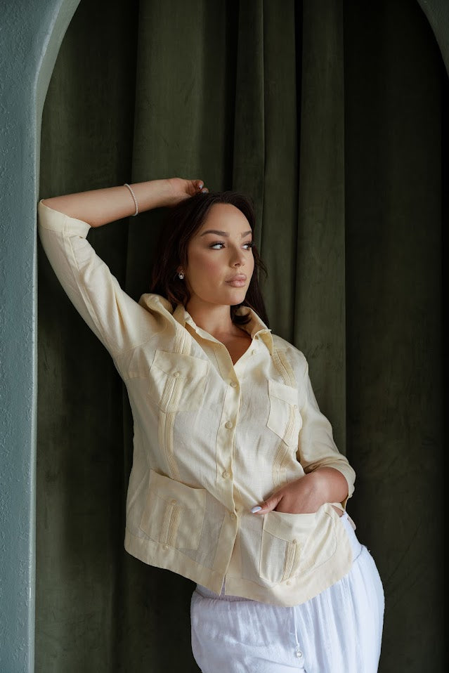 Mojito Women's Premium Linen Guayabera Shirt – 3/4 Sleeve Traditional 4-Pocket Style