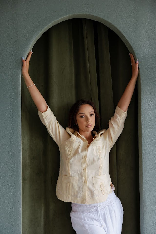 Mojito Women's Premium Linen Guayabera Shirt – 3/4 Sleeve Traditional 4-Pocket Style