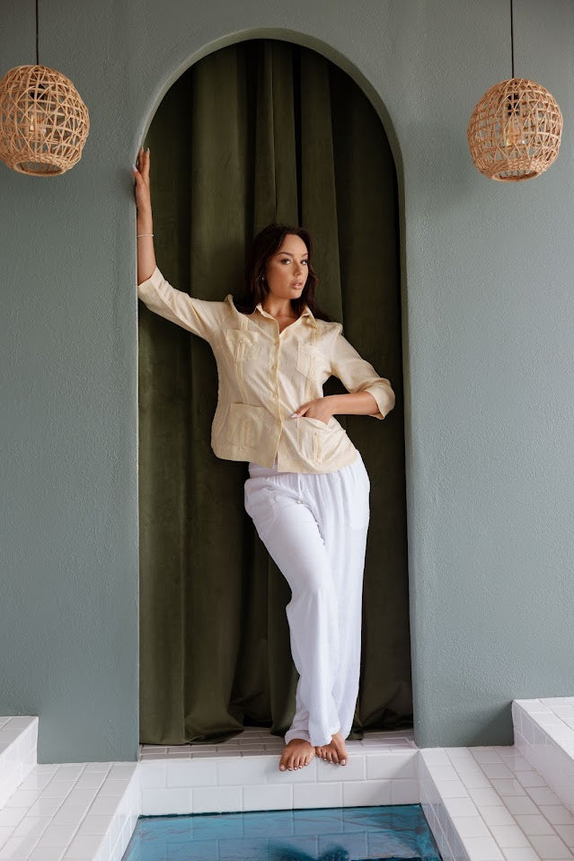 Mojito Women's Premium Linen Guayabera Shirt – 3/4 Sleeve Traditional 4-Pocket Style