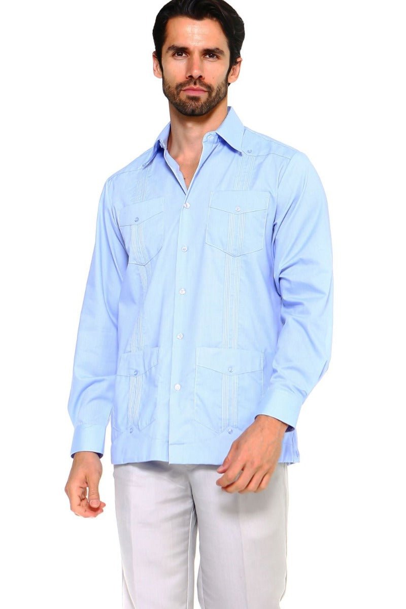A man models the light blue, long-sleeved Men’s Plus Size Guayabera Shirt with four pockets.