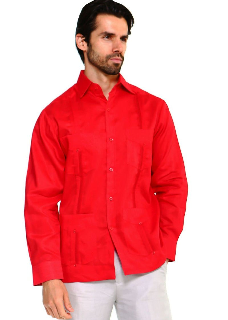 A man wears a red, long-sleeved Men’s Plus Size Guayabera Shirt with four pockets.