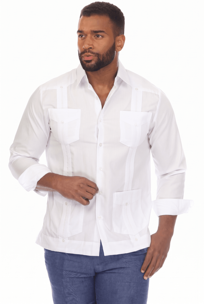 Guayabera de Manga Larga de Mezcla de Algodón con Cuatro Bolsillos Tallas Grandes