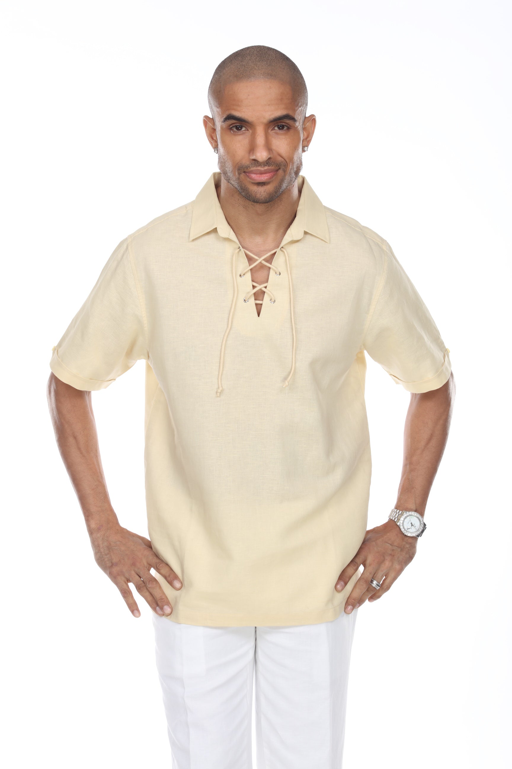 Men's Beach Resort Wear Linen Shirt Short Sleeve Lace Up Collar - Mojito Collection - Beachwear, Mens Shirt, Mojito Linen Shirt, Resort Wear, Short Sleeve Shirt