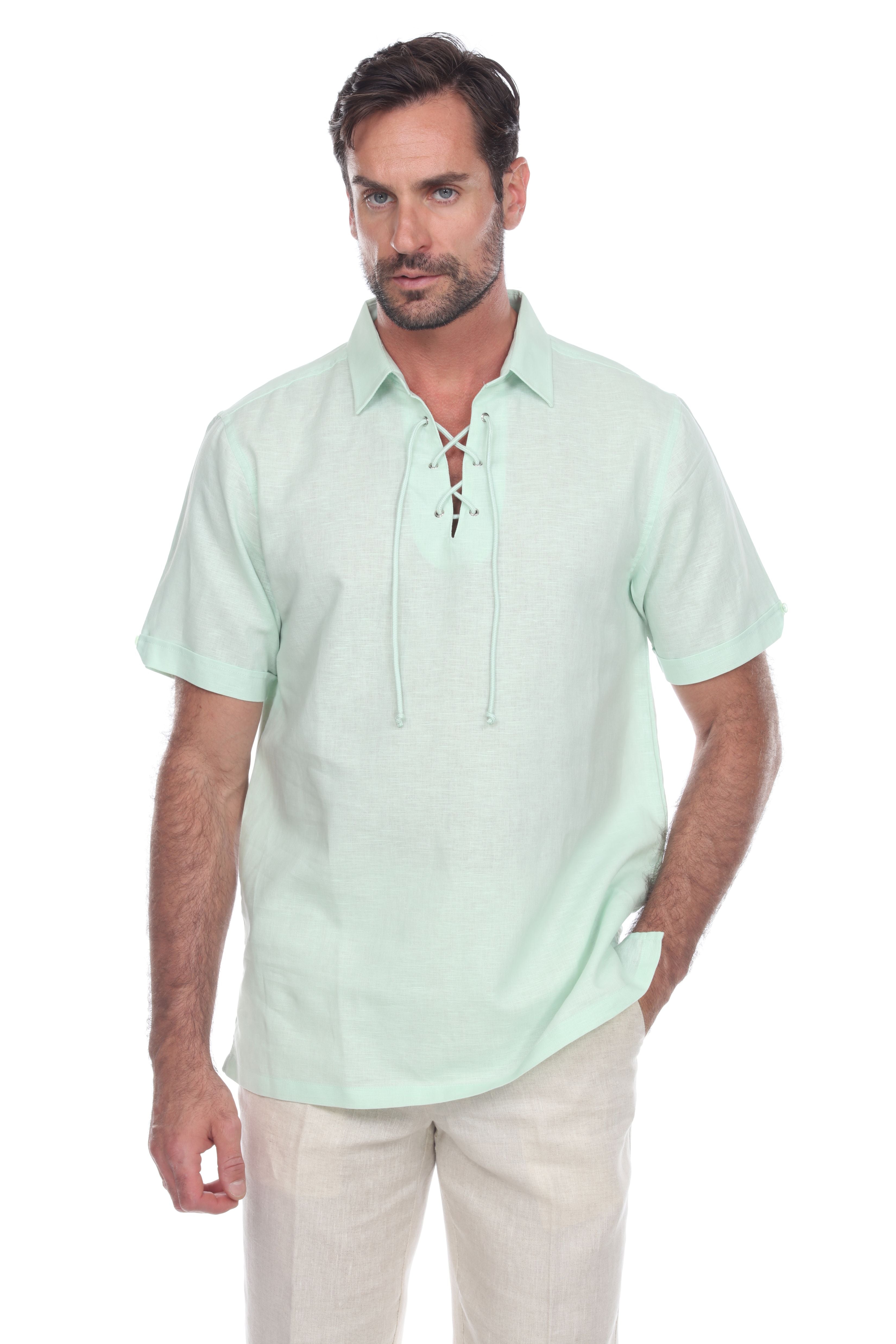 Men's Beach Resort Wear Linen Shirt Short Sleeve Lace Up Collar - Mojito Collection - Beachwear, Mens Shirt, Mojito Linen Shirt, Resort Wear, Short Sleeve Shirt