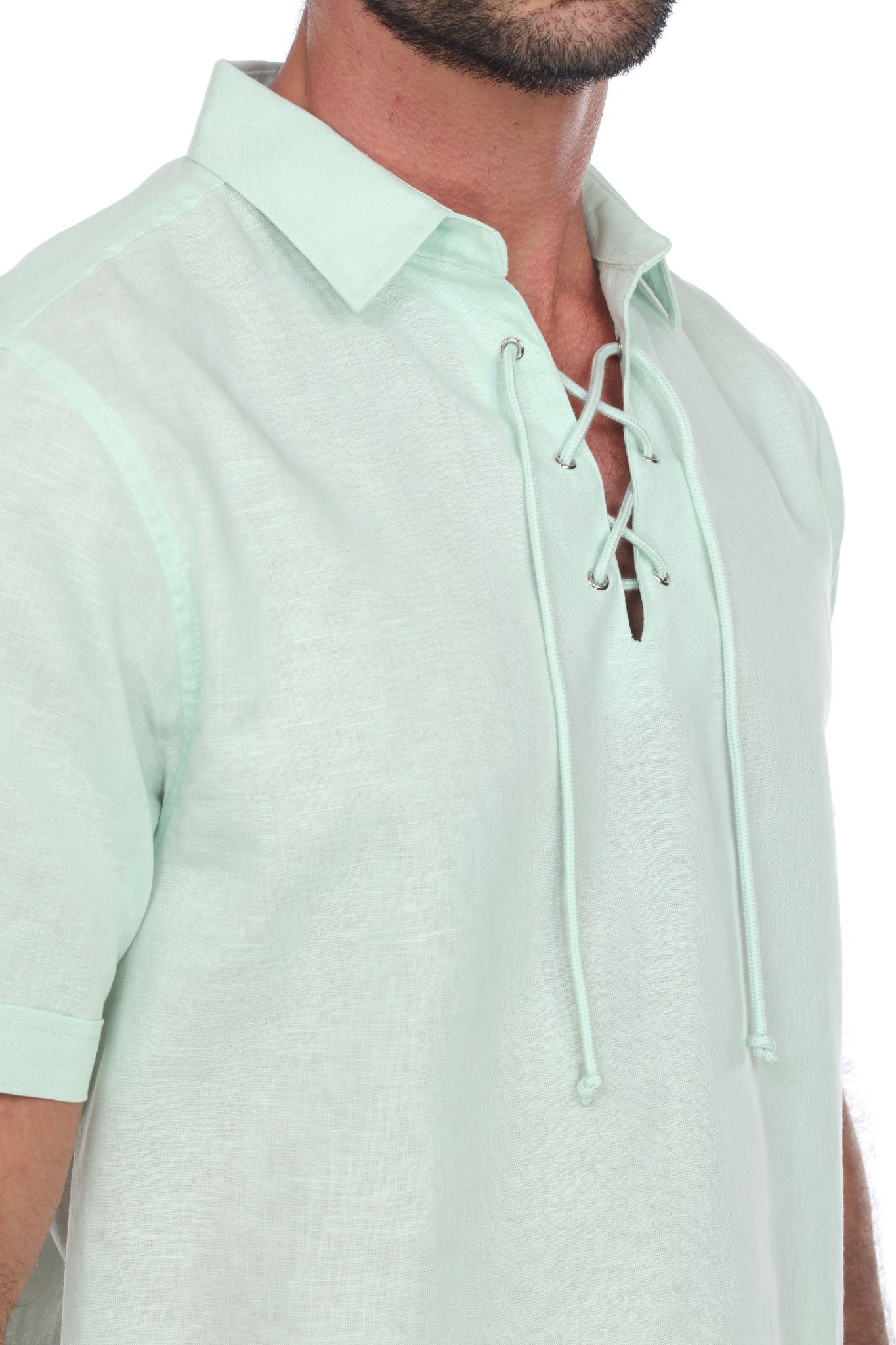 Men's Beach Resort Wear Linen Shirt Short Sleeve Lace Up Collar - Mojito Collection - Beachwear, Mens Shirt, Mojito Linen Shirt, Resort Wear, Short Sleeve Shirt