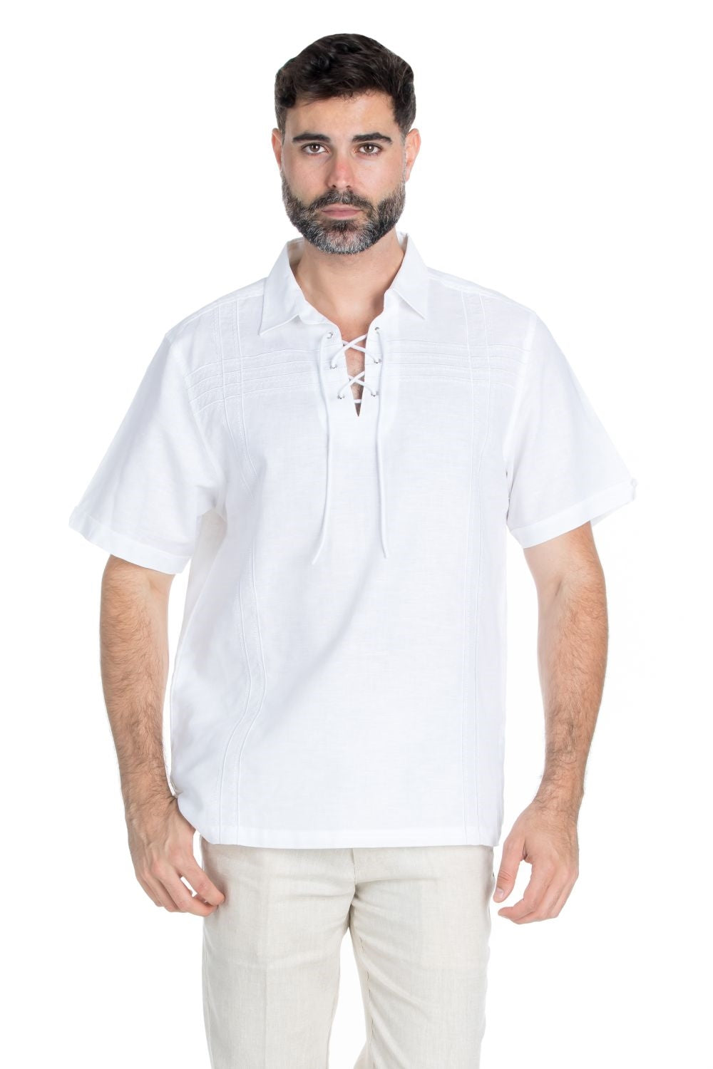 Men's Beach Resort Wear Embroidered Linen Shirt Short Sleeve Lace Up Collar - Mojito Collection - Beachwear, Mens Shirt, Mojito Linen Shirt, Resort Wear, Short Sleeve Shirt
