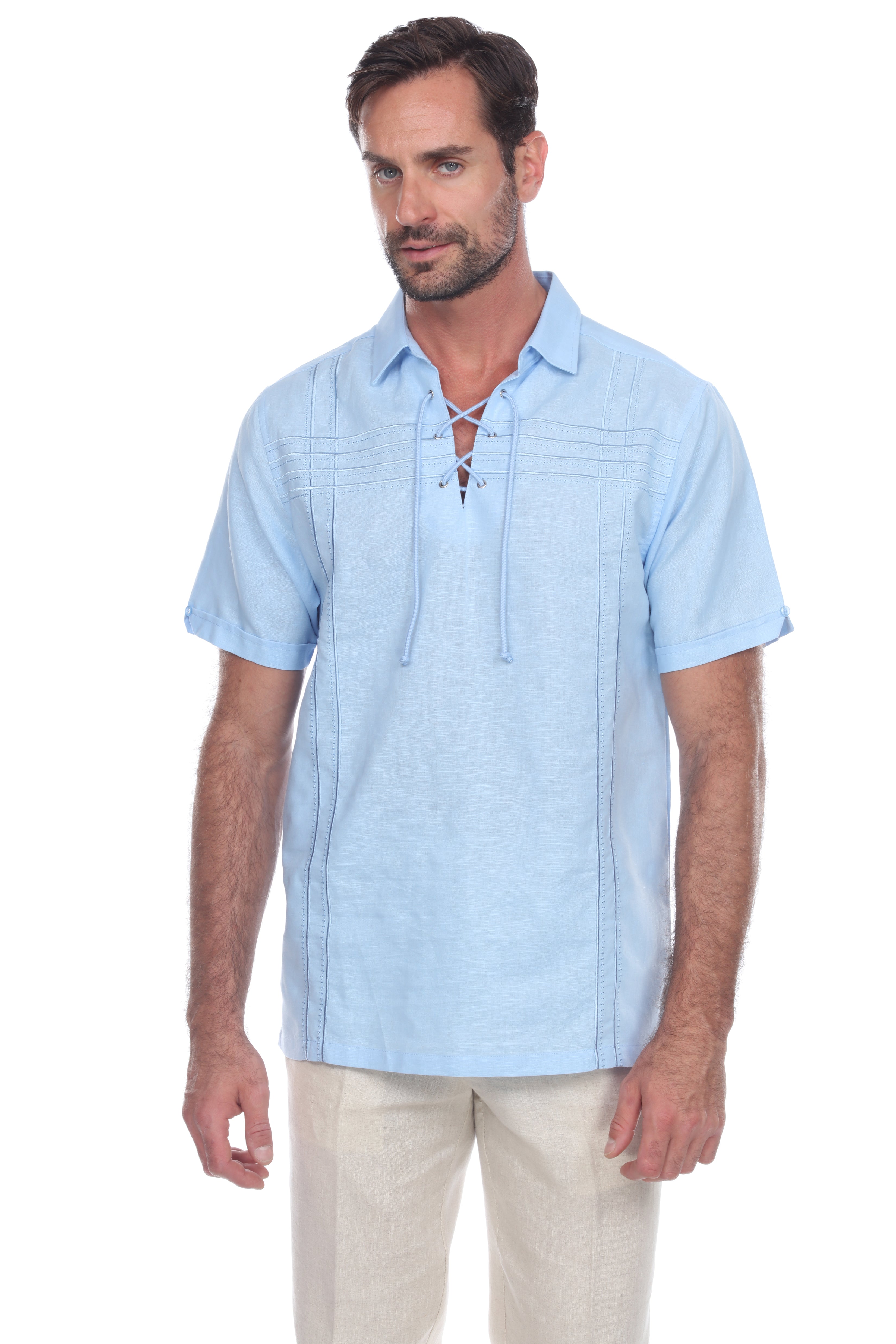 Men's Beach Resort Wear Embroidered Linen Shirt Short Sleeve Lace Up Collar - Mojito Collection - Beachwear, Mens Shirt, Mojito Linen Shirt, Resort Wear, Short Sleeve Shirt