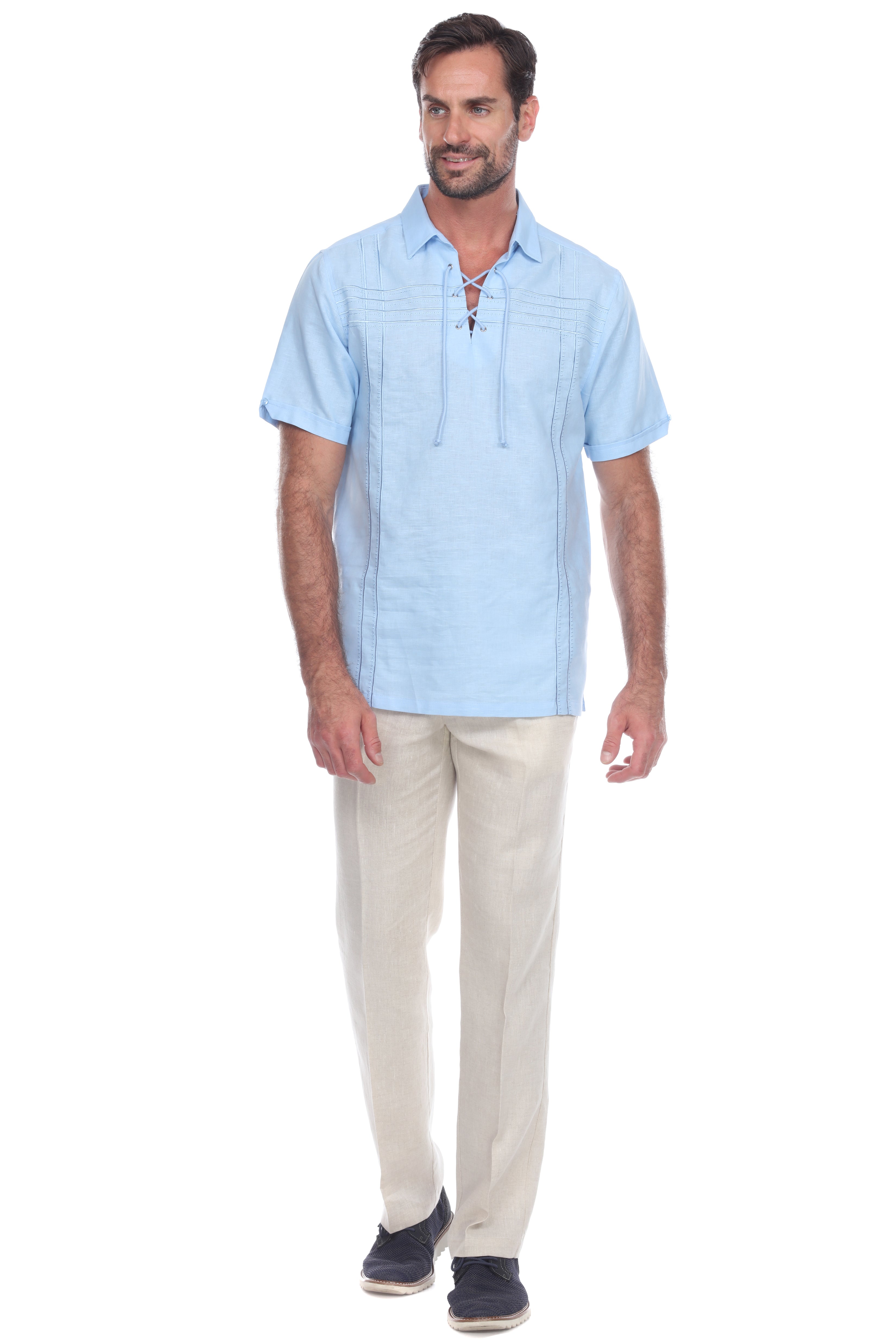 Men's Beach Resort Wear Embroidered Linen Shirt Short Sleeve Lace Up Collar - Mojito Collection - Beachwear, Mens Shirt, Mojito Linen Shirt, Resort Wear, Short Sleeve Shirt