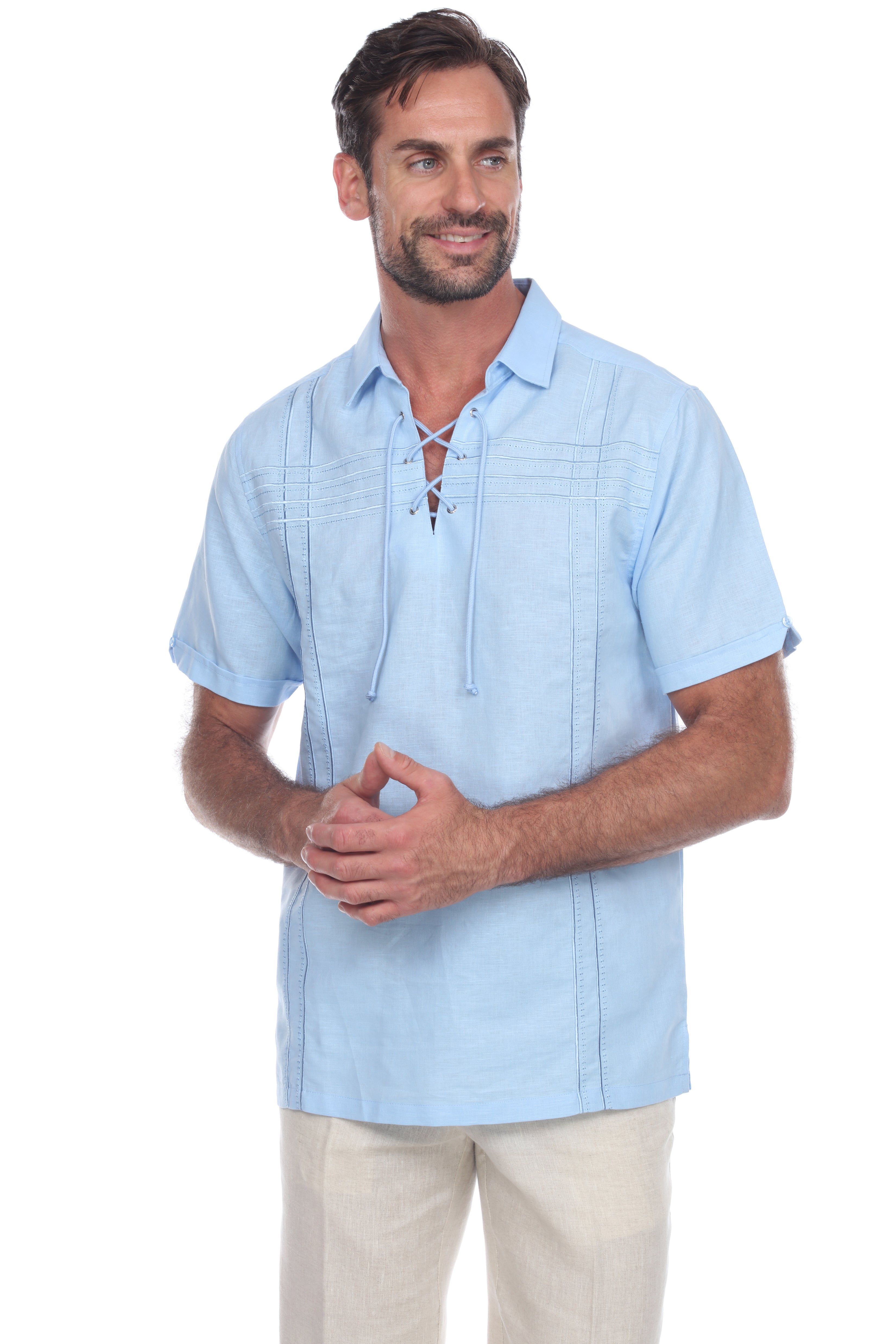 Men's Beach Resort Wear Embroidered Linen Shirt Short Sleeve Lace Up Collar - Mojito Collection - Beachwear, Mens Shirt, Mojito Linen Shirt, Resort Wear, Short Sleeve Shirt