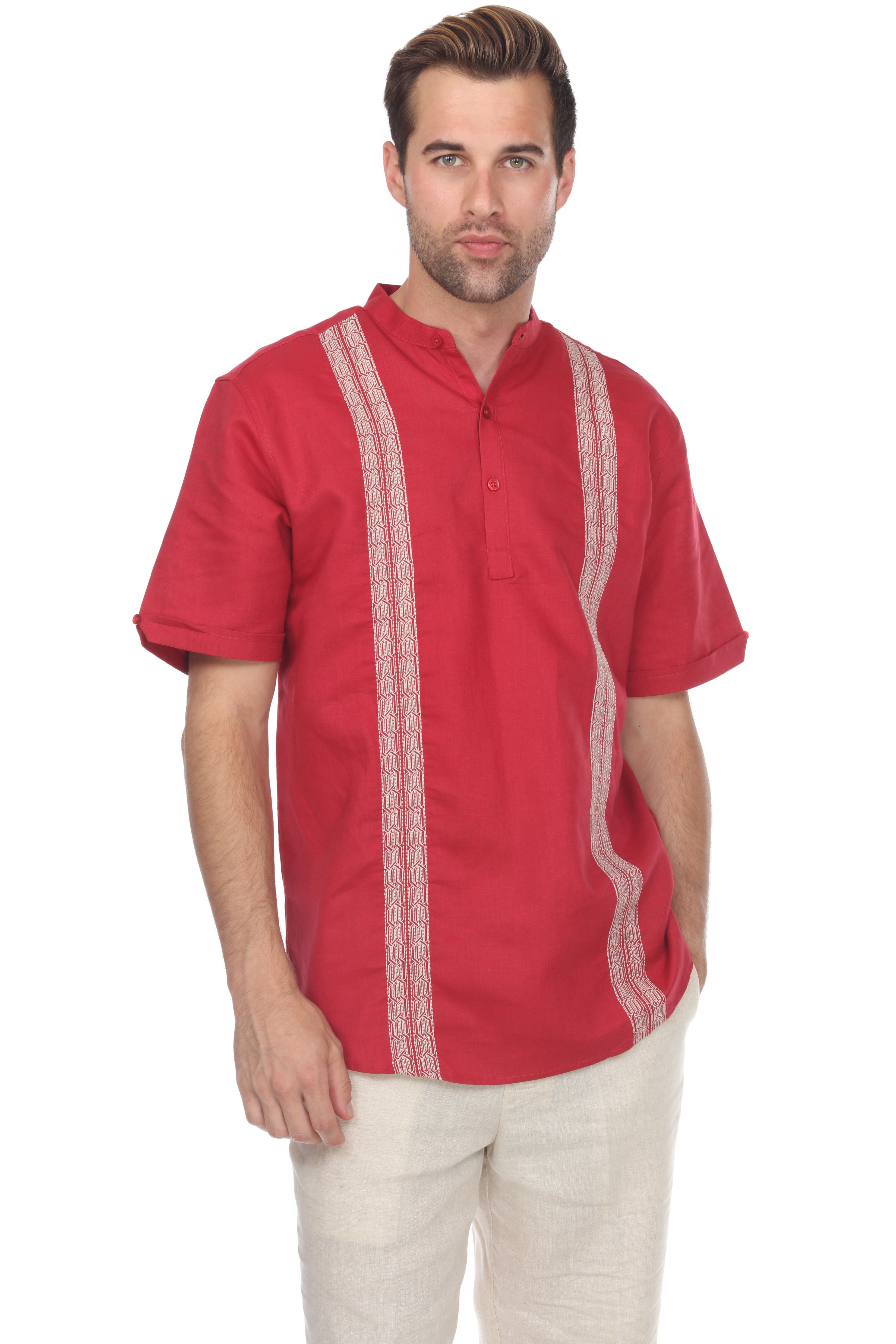 Casual Linen Blend Mandarin Collar Stitched Embroidery Short Sleeve Shirt - Mojito Collection - Beachwear, Mens Shirt, Mojito Linen Shirt, Resort Wear, Short Sleeve Linen Shirt, Short Sleeve 