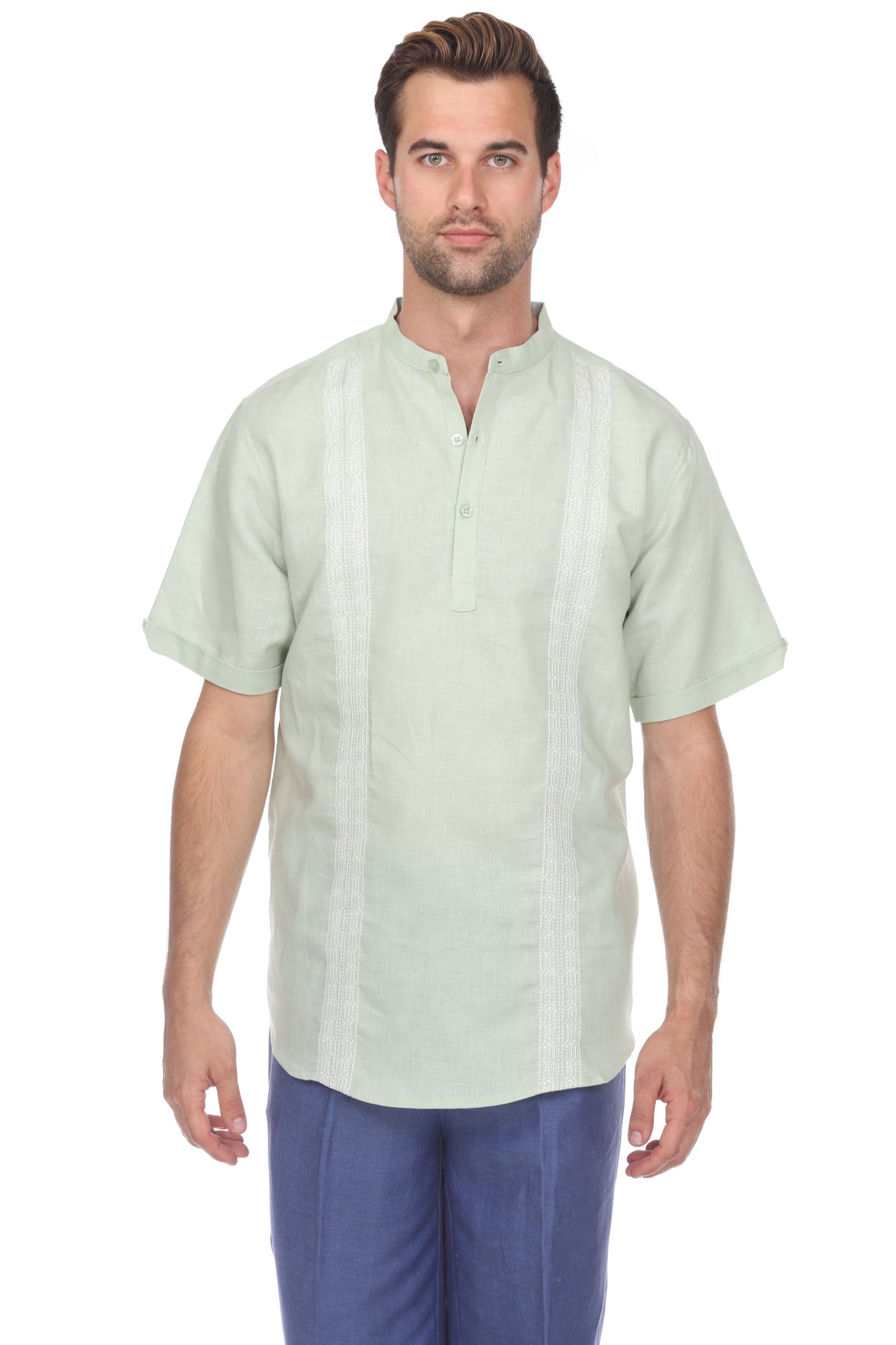 Casual Linen Blend Mandarin Collar Stitched Embroidery Short Sleeve Shirt - Mojito Collection - Beachwear, Mens Shirt, Mojito Linen Shirt, Resort Wear, Short Sleeve Linen Shirt, Short Sleeve 