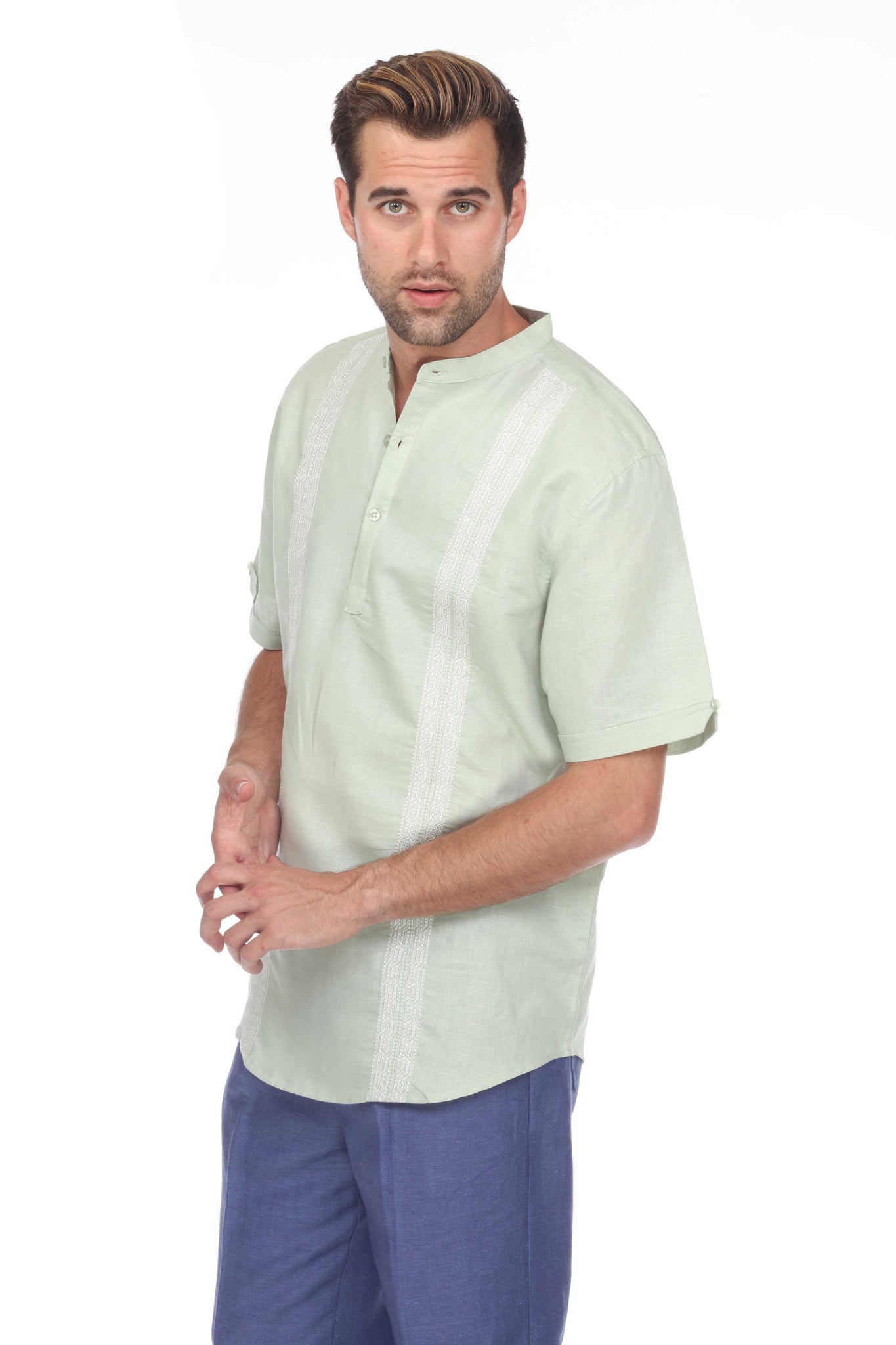 Casual Linen Blend Mandarin Collar Stitched Embroidery Short Sleeve Shirt - Mojito Collection - Beachwear, Mens Shirt, Mojito Linen Shirt, Resort Wear, Short Sleeve Linen Shirt, Short Sleeve 