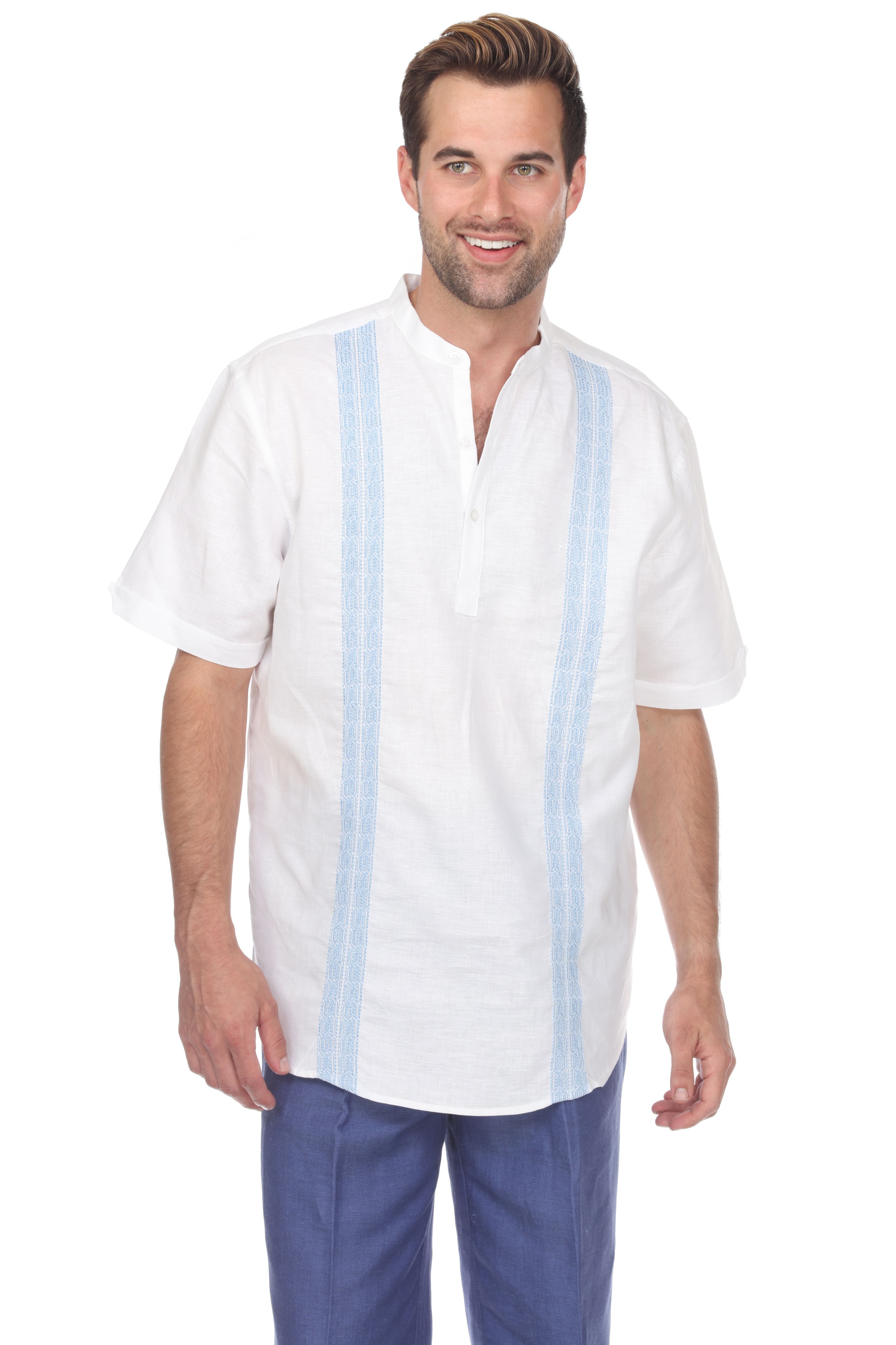 Casual Linen Blend Mandarin Collar Stitched Embroidery Short Sleeve Shirt - Mojito Collection - Beachwear, Mens Shirt, Mojito Linen Shirt, Resort Wear, Short Sleeve Linen Shirt, Short Sleeve 