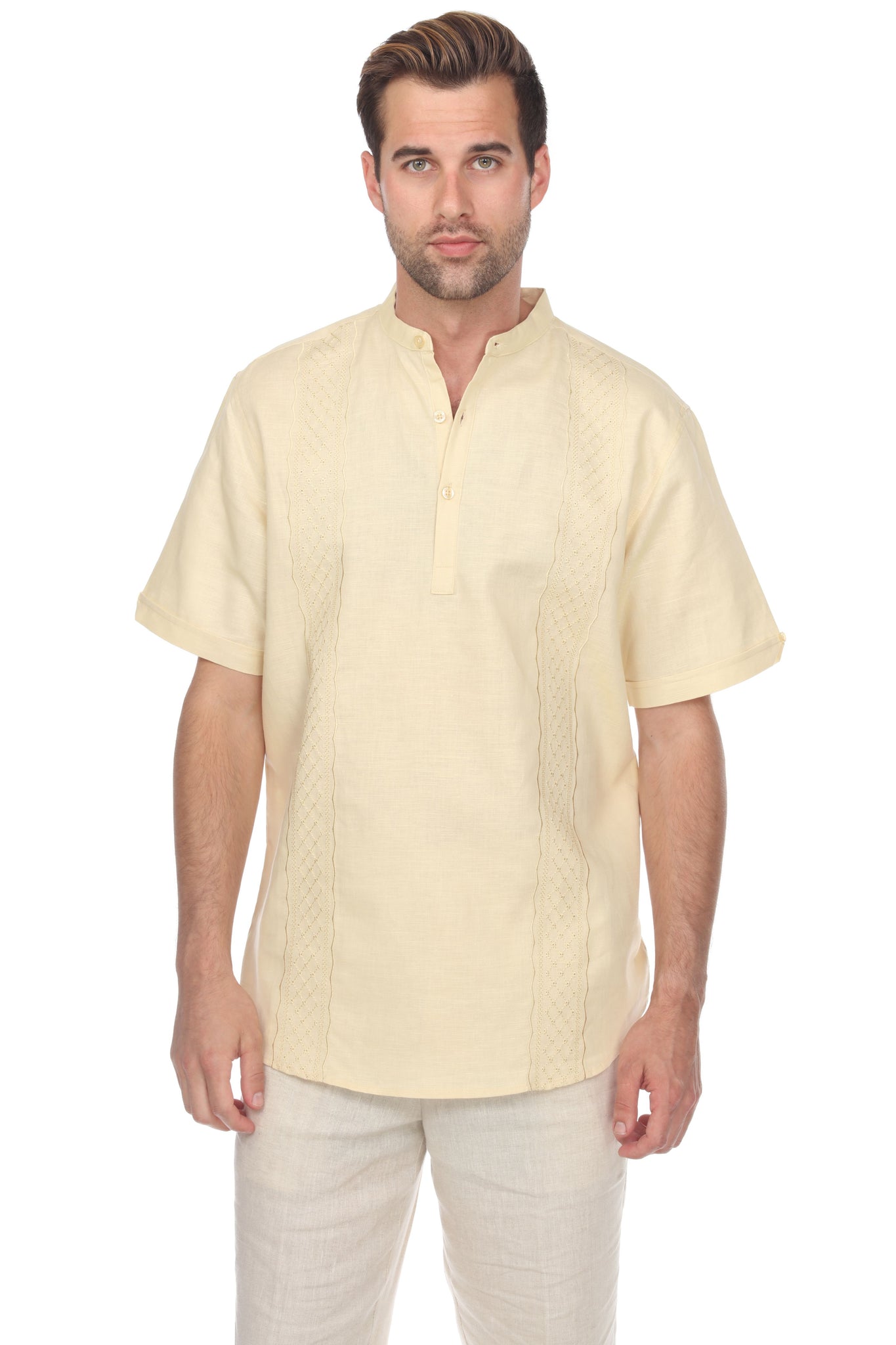 Casual Linen Blend Mandarin Collar Stitched Embroidery Henley Short Sleeve Shirt - Mojito Collection - Beachwear, Mens Shirt, Mojito Linen Shirt, Resort Wear, Short Sleeve Linen Shirt, Short 