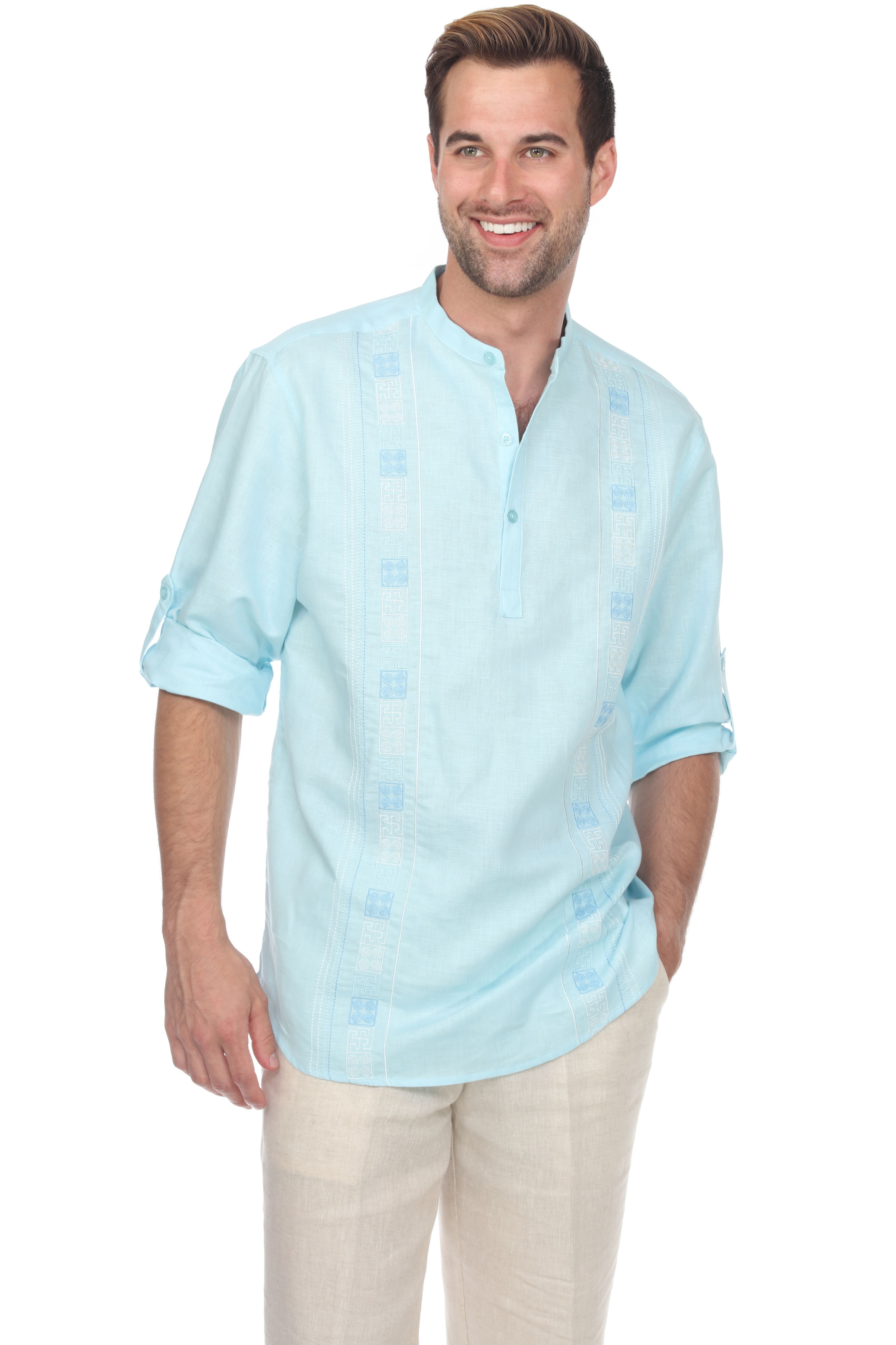 Casual Linen Blend Mandarin Collar Stitched Embroidery Henley Long Sleeve Shirt - Mojito Collection - Beachwear, Mens Shirt, Mojito Linen Shirt, Resort Wear, Short Sleeve Linen Shirt, Short S