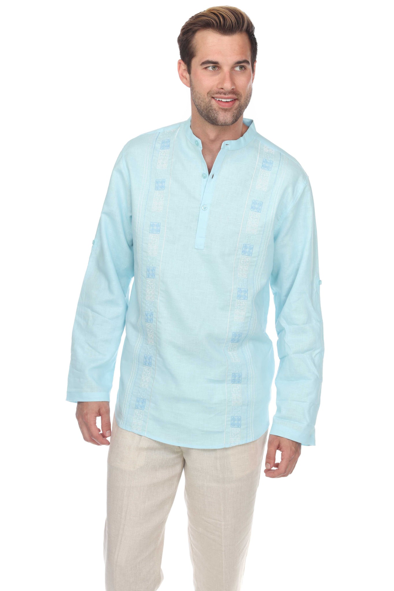 Casual Linen Blend Mandarin Collar Stitched Embroidery Henley Long Sleeve Shirt - Mojito Collection - Beachwear, Mens Shirt, Mojito Linen Shirt, Resort Wear, Short Sleeve Linen Shirt, Short S
