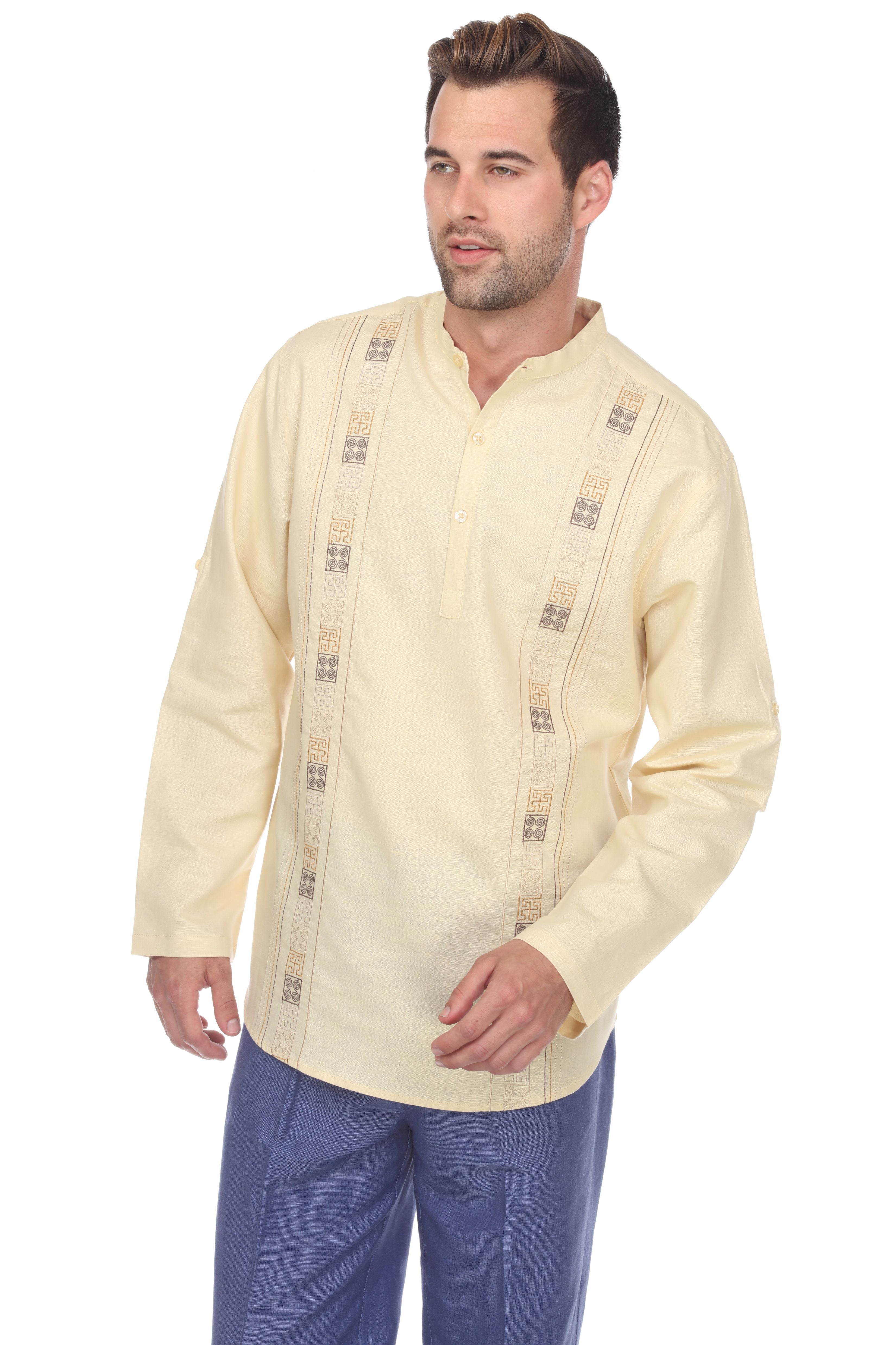Casual Linen Blend Mandarin Collar Stitched Embroidery Henley Long Sleeve Shirt - Mojito Collection - Beachwear, Mens Shirt, Mojito Linen Shirt, Resort Wear, Short Sleeve Linen Shirt, Short S
