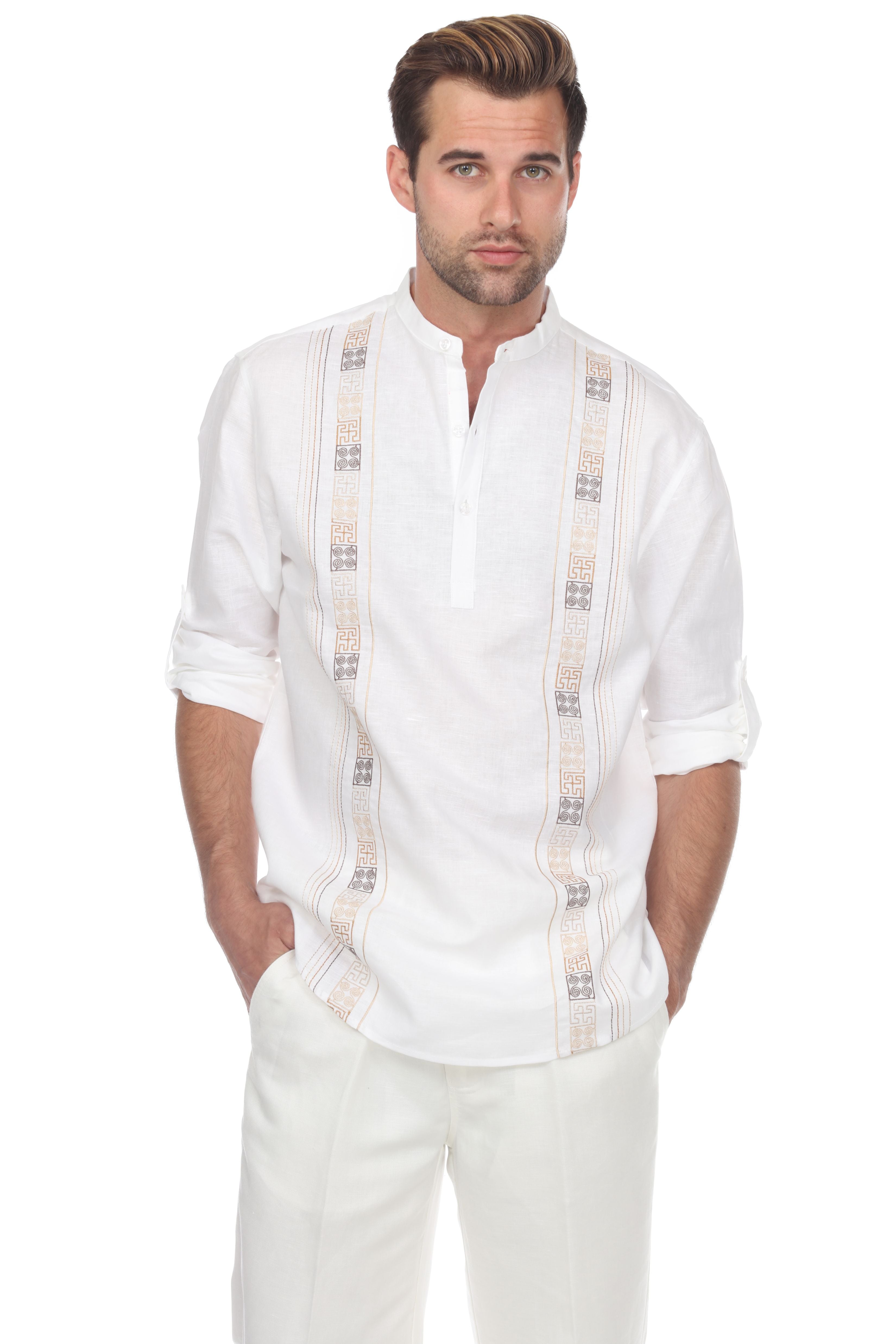 Casual Linen Blend Mandarin Collar Stitched Embroidery Henley Long Sleeve Shirt - Mojito Collection - Beachwear, Mens Shirt, Mojito Linen Shirt, Resort Wear, Short Sleeve Linen Shirt, Short S