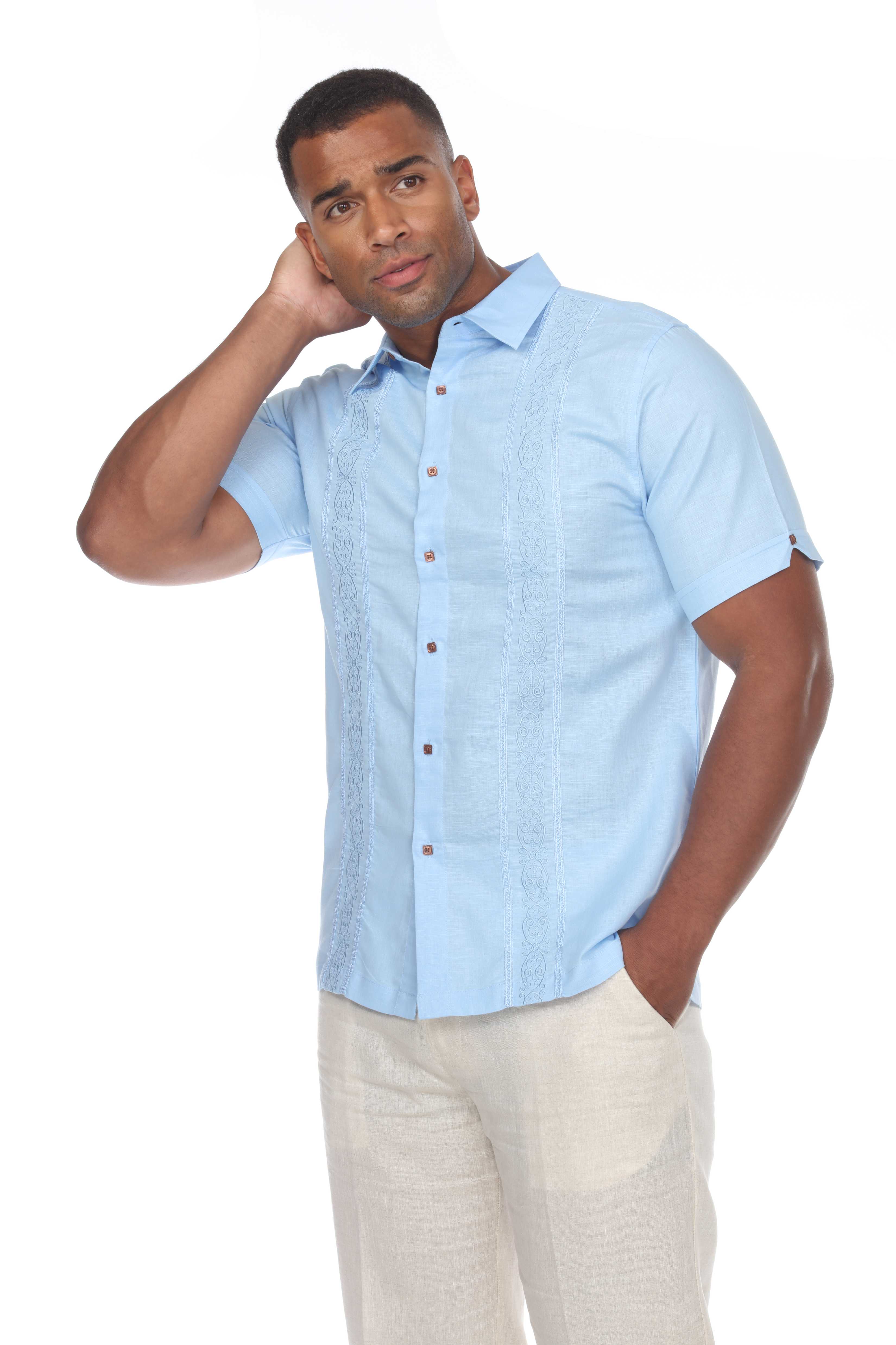 Casual Linen Blend Stitched Embroidery Button Down Short Sleeve Shirt - Mojito Collection - Beachwear, Mens Shirt, Mojito Linen Shirt, Resort Wear, Short Sleeve Linen Shirt, Short Sleeve Shir