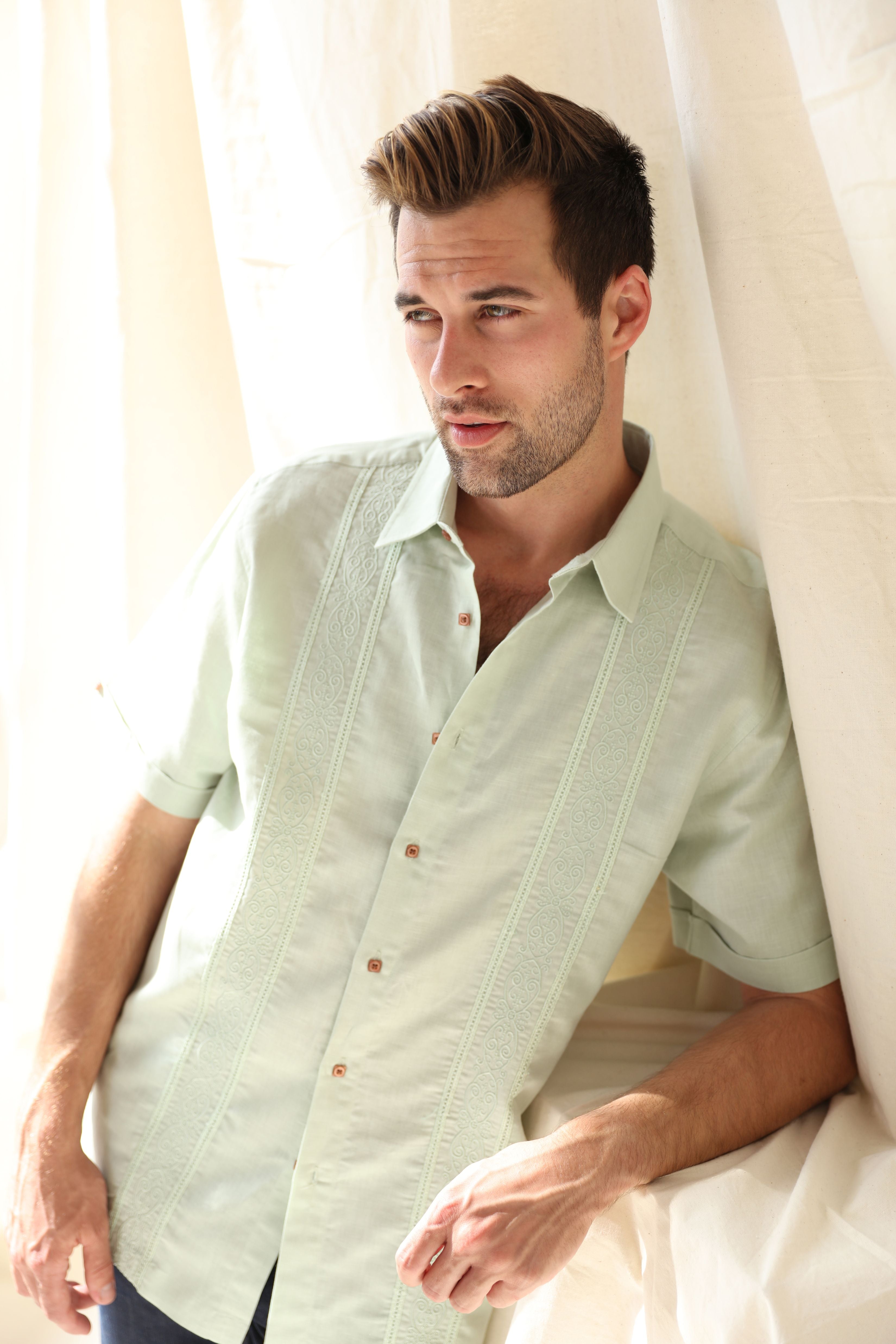 Casual Linen Blend Stitched Embroidery Button Down Short Sleeve Shirt - Mojito Collection - Beachwear, Mens Shirt, Mojito Linen Shirt, Resort Wear, Short Sleeve Linen Shirt, Short Sleeve Shir