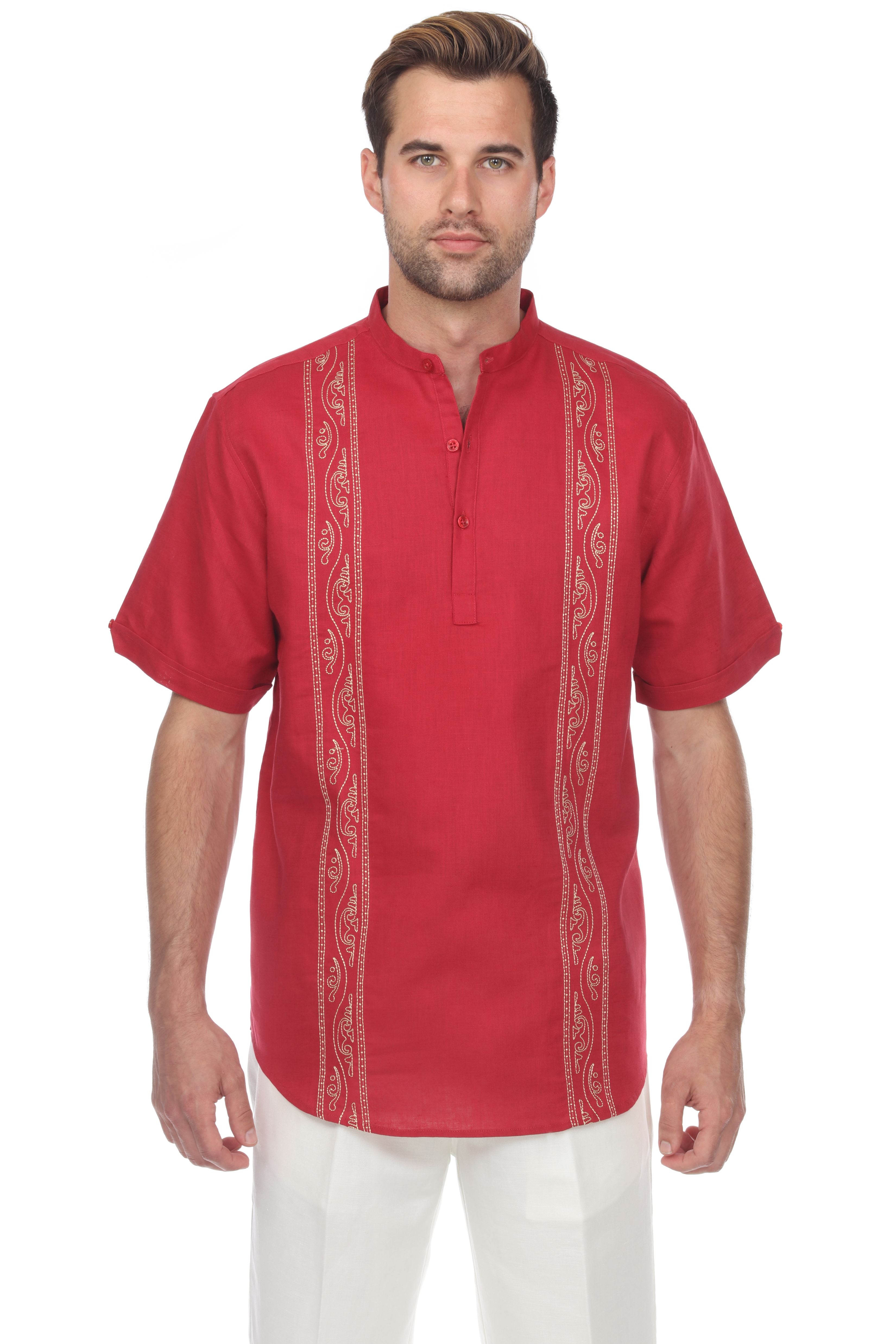 Casual Linen Blend Stitched Embroidery Mandarin Collar Henley Short Sleeve Shirt - Mojito Collection - Beachwear, Mens Shirt, Mojito Linen Shirt, Resort Wear, Short Sleeve Linen Shirt, Short 