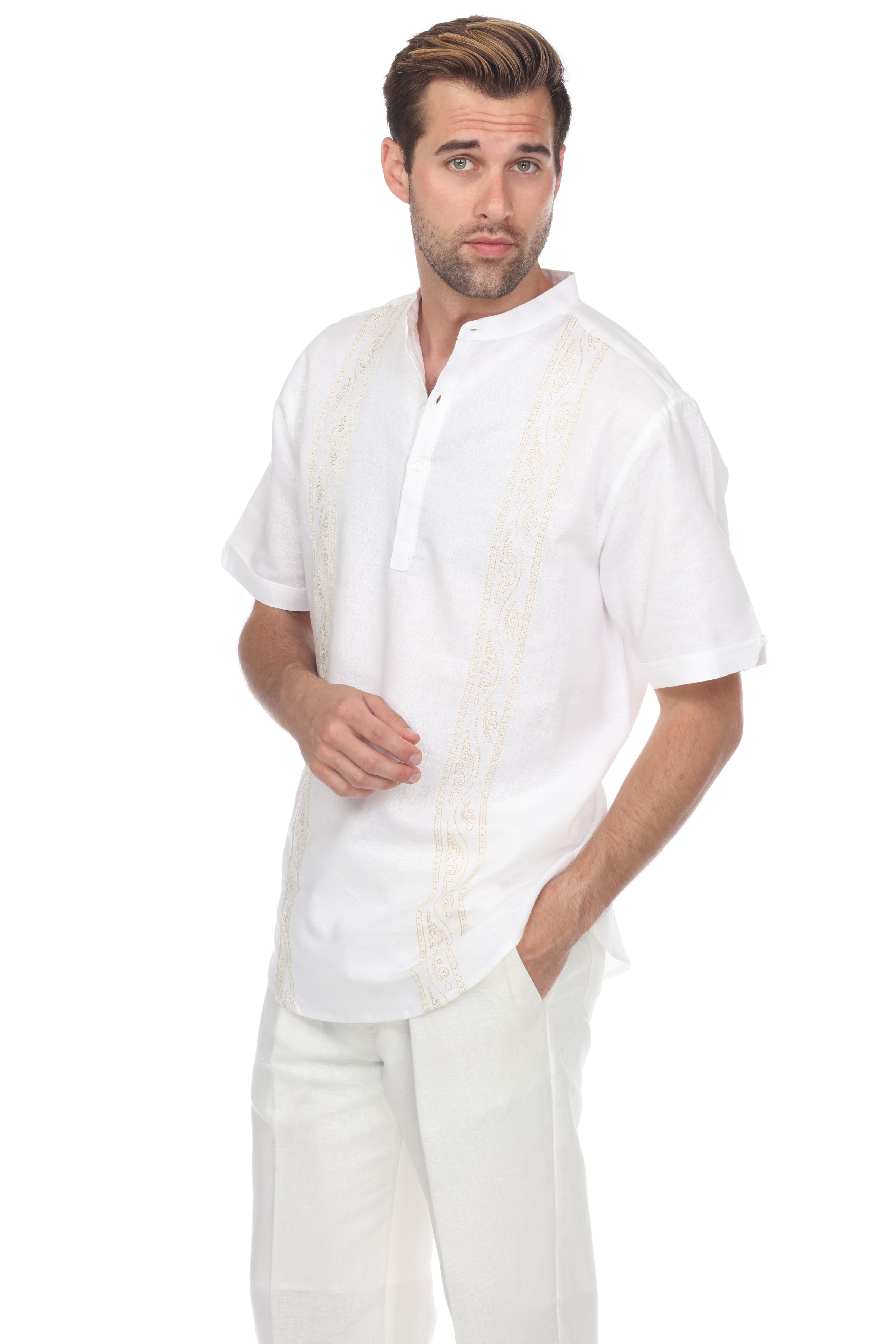 Casual Linen Blend Stitched Embroidery Mandarin Collar Henley Short Sleeve Shirt - Mojito Collection - Beachwear, Mens Shirt, Mojito Linen Shirt, Resort Wear, Short Sleeve Linen Shirt, Short 