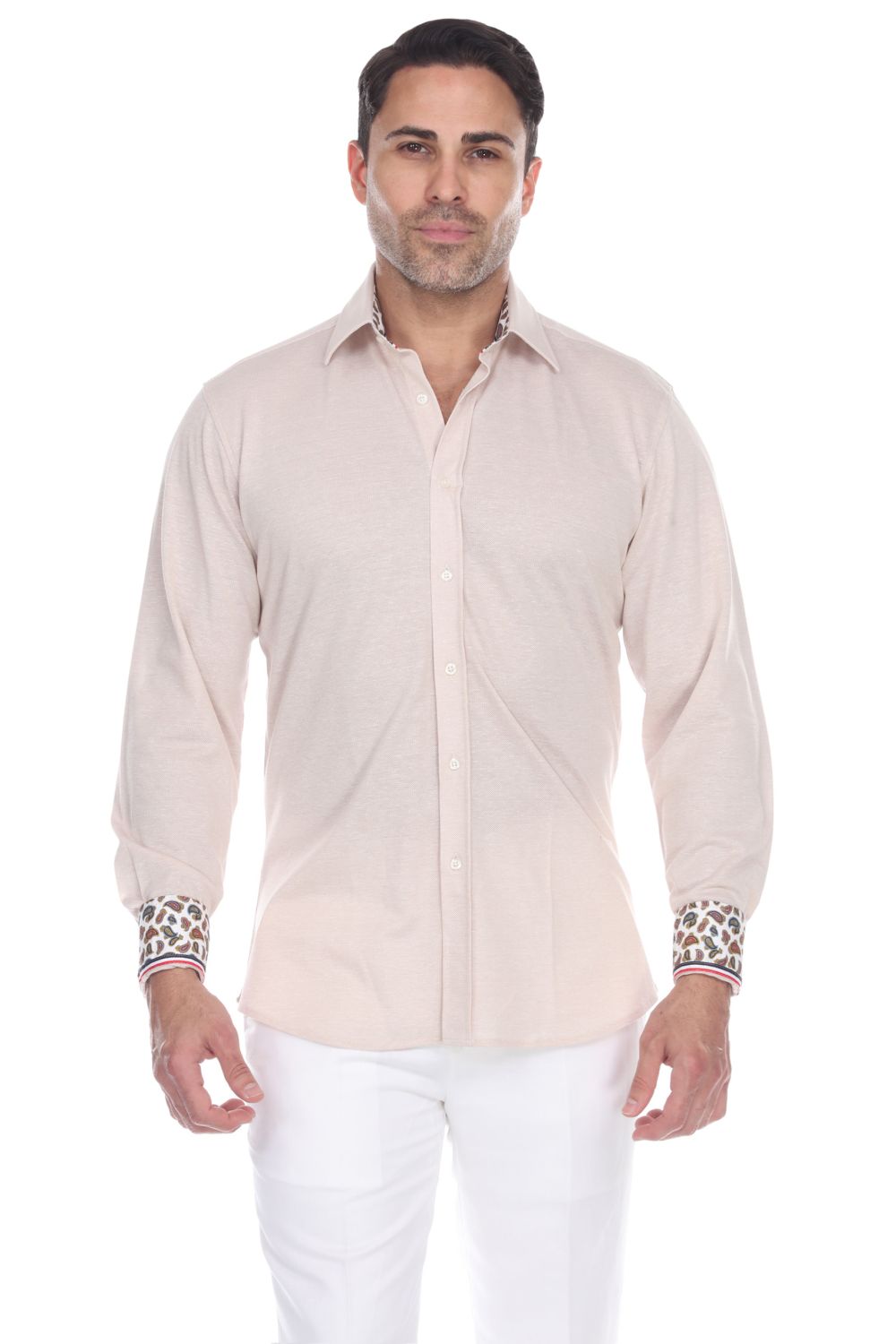 Men's Linen Blend Long Sleeve Shirt with Contrast Print Trim - Mojito Collection - Beachwear, Long Sleeve Shirt, Mens Shirt, Mojito Linen Shirt, Resortwear