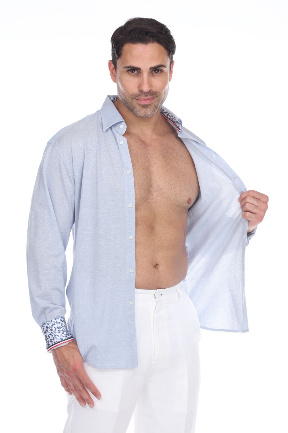 Men's Linen Blend Long Sleeve Shirt with Contrast Print Trim - Mojito Collection - Beachwear, Long Sleeve Shirt, Mens Shirt, Mojito Linen Shirt, Resortwear