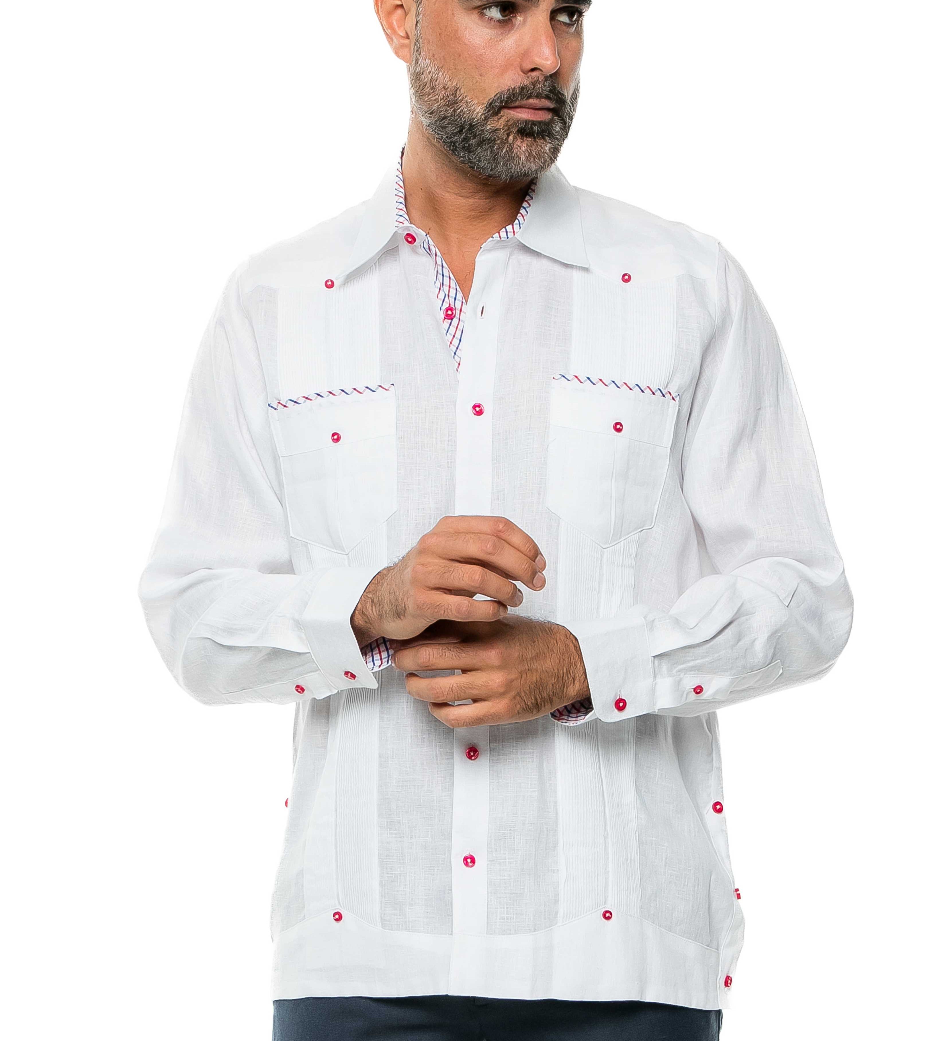 Mojito Men's 100% Linen Guayabera Shirt Long Sleeve Print Trim Accent - Mojito Collection - Guayabera, Long Sleeve Shirt, Mens Shirt, Mojito Guayabera Shirt