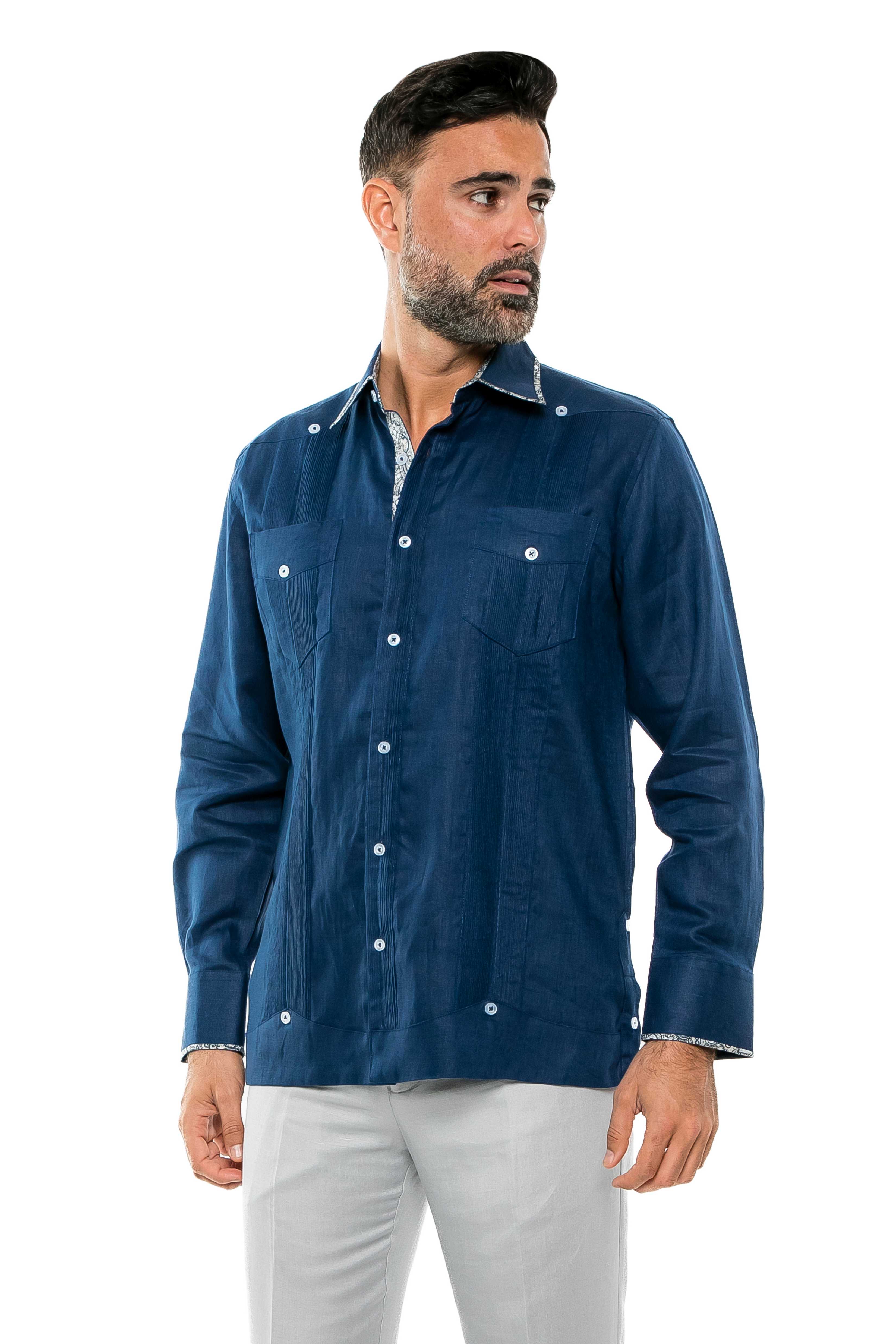 Mojito Men's 100% Linen Guayabera Shirt Long Sleeve Print Trim Accent - Mojito Collection - Guayabera, Long Sleeve Shirt, Mens Shirt, Mojito Guayabera Shirt