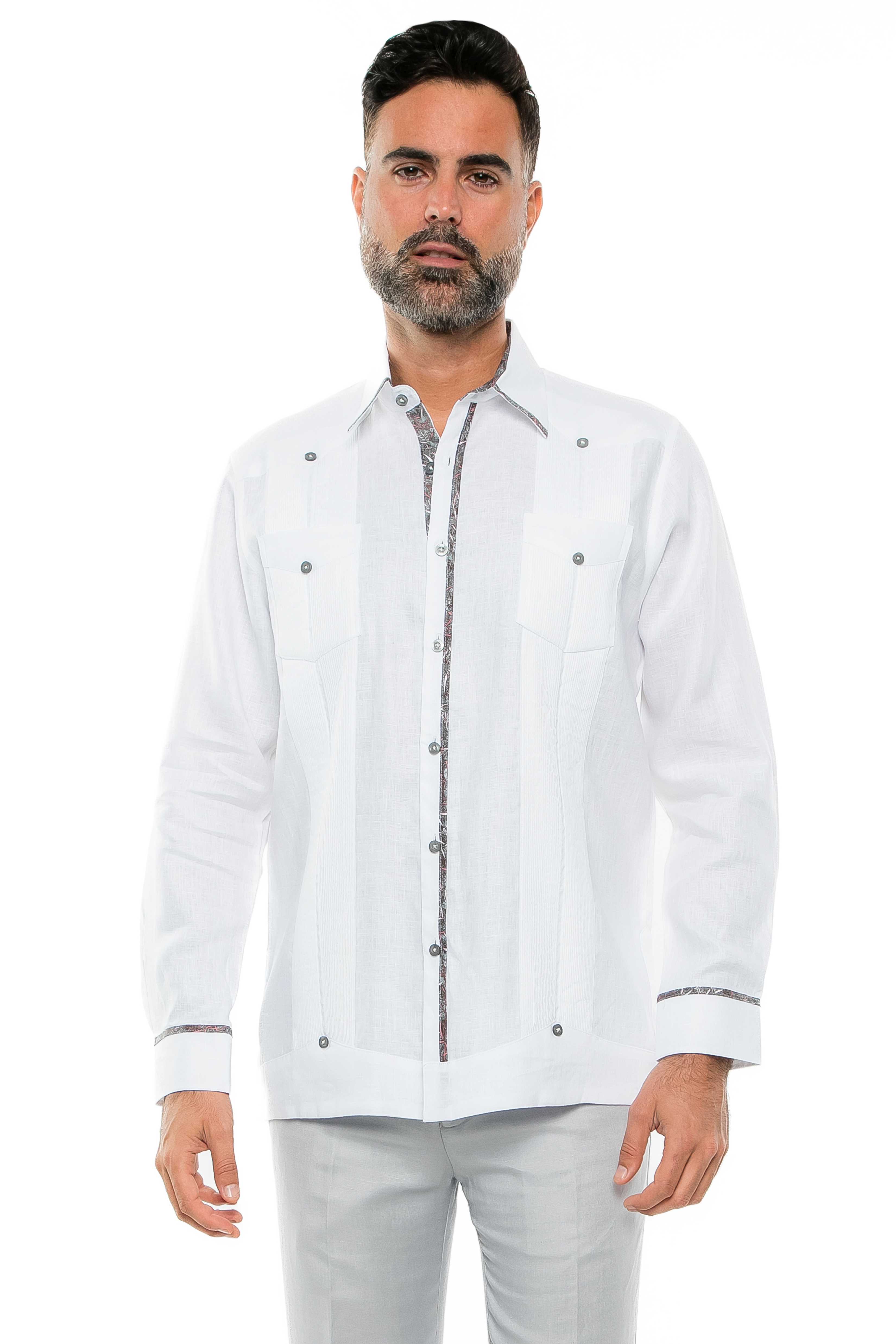 Mojito Men's 100% Linen Guayabera Shirt Long Sleeve Print Trim Accent - Mojito Collection - Guayabera, Long Sleeve Shirt, Mens Shirt, Mojito Guayabera Shirt