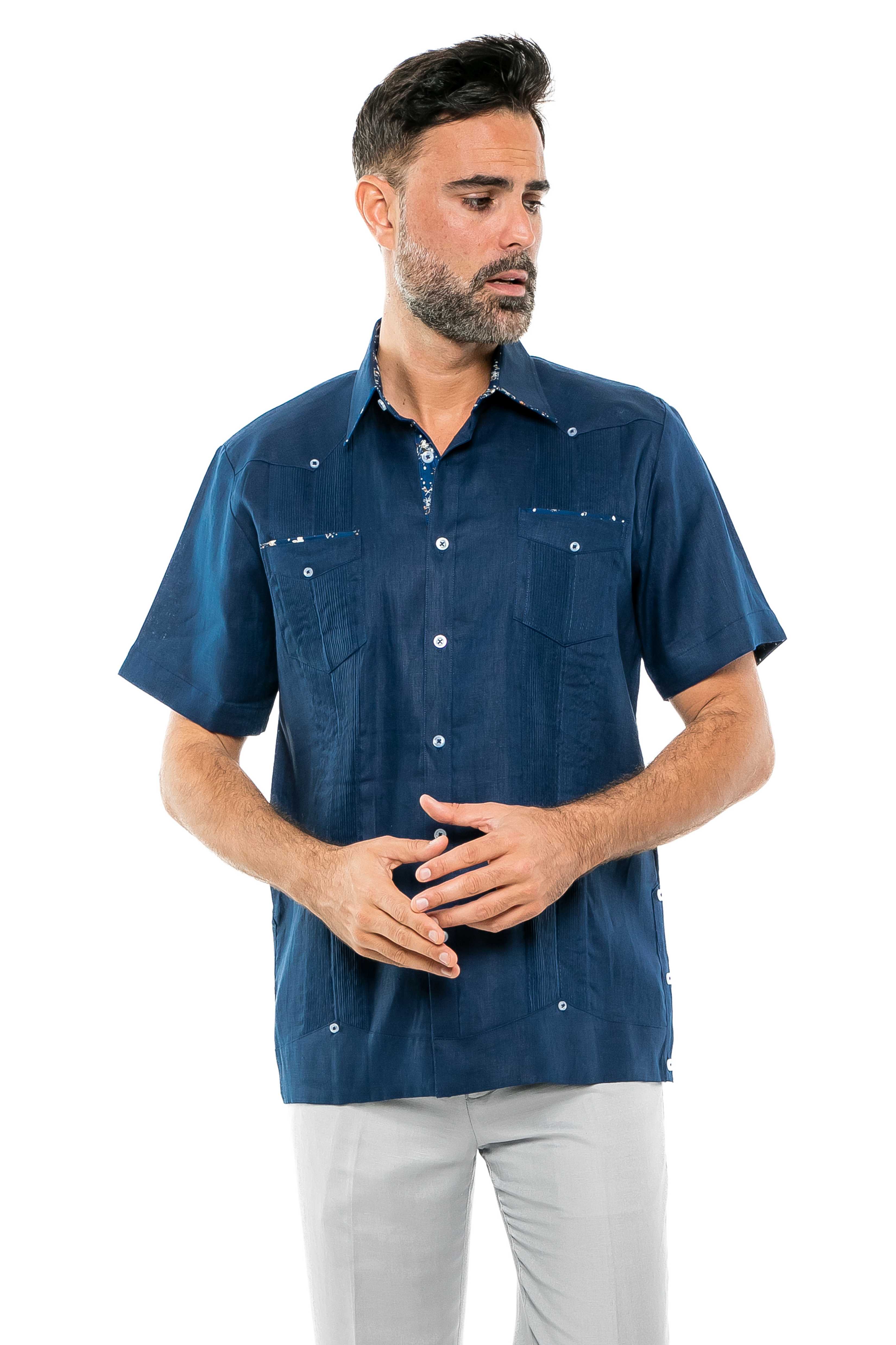 Mojito Men's Guayabera Shirt Short Sleeve 100% Linen with Stylish Print Trim Accent - Mojito Collection - Guayabera, Long Sleeve Shirt, Mens Shirt, Mojito Guayabera Shirt