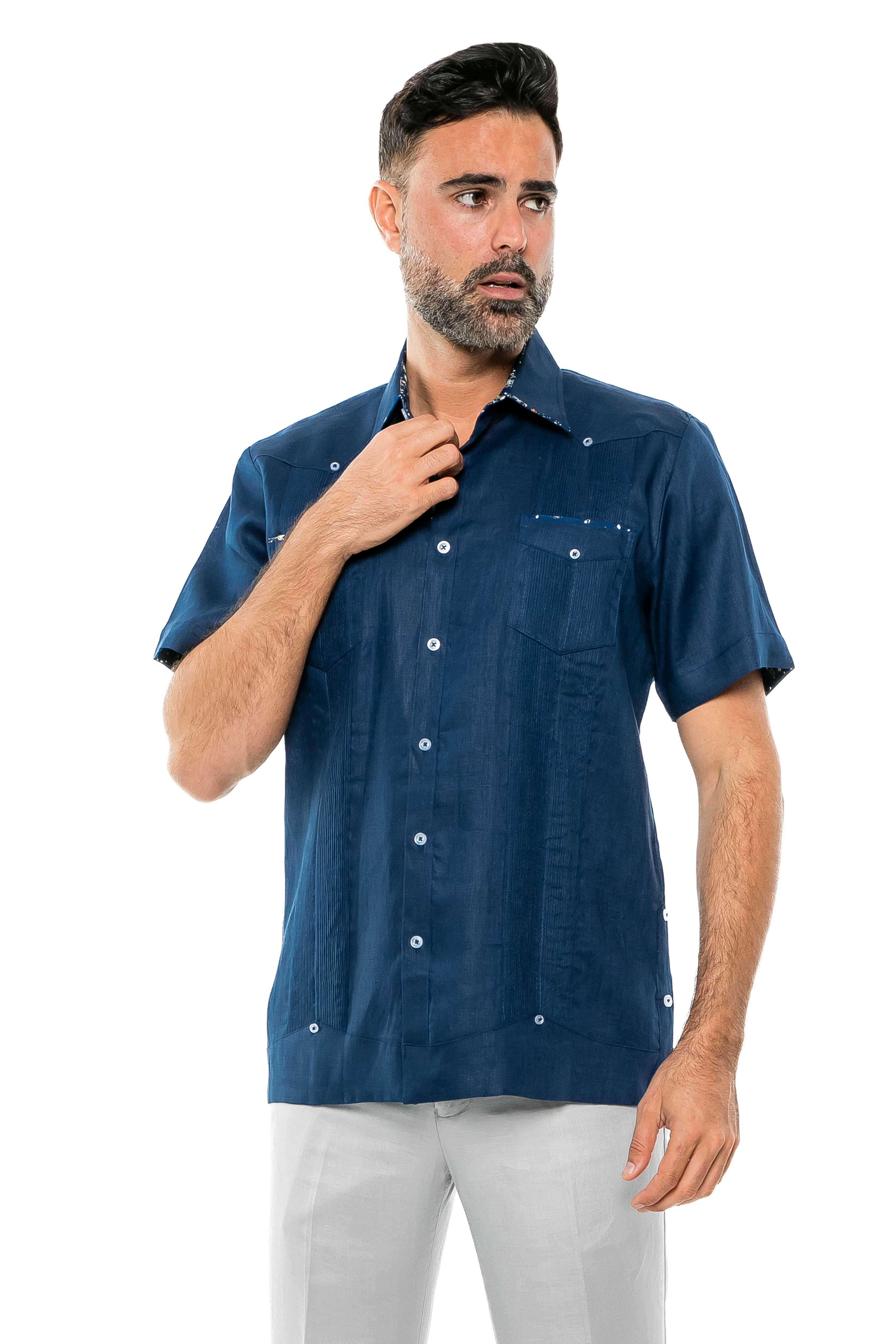 Mojito Men's Guayabera Shirt Short Sleeve 100% Linen with Stylish Print Trim Accent - Mojito Collection - Guayabera, Long Sleeve Shirt, Mens Shirt, Mojito Guayabera Shirt