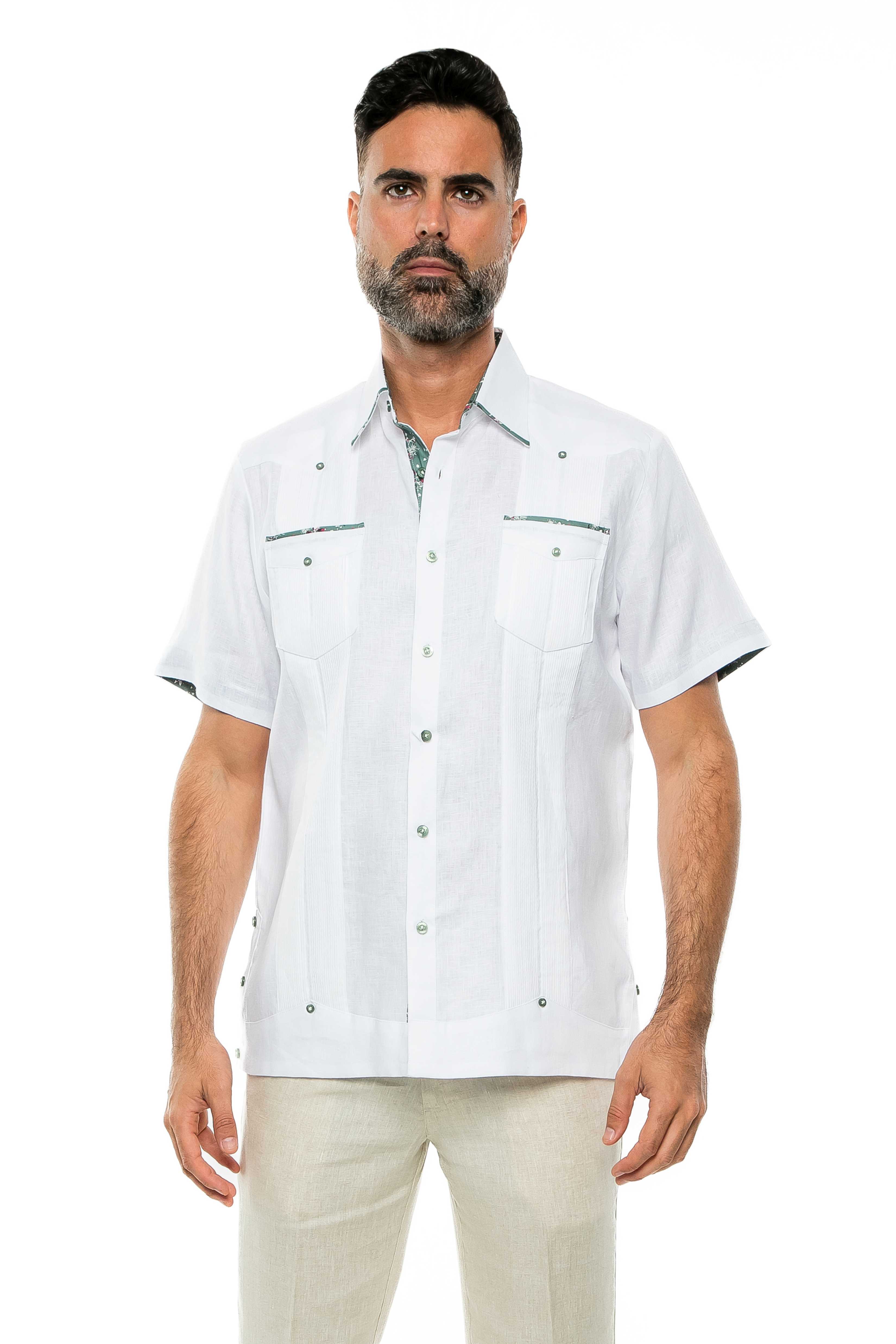 Mojito Men's Guayabera Shirt Short Sleeve 100% Linen with Stylish Print Trim Accent - Mojito Collection - Guayabera, Long Sleeve Shirt, Mens Shirt, Mojito Guayabera Shirt